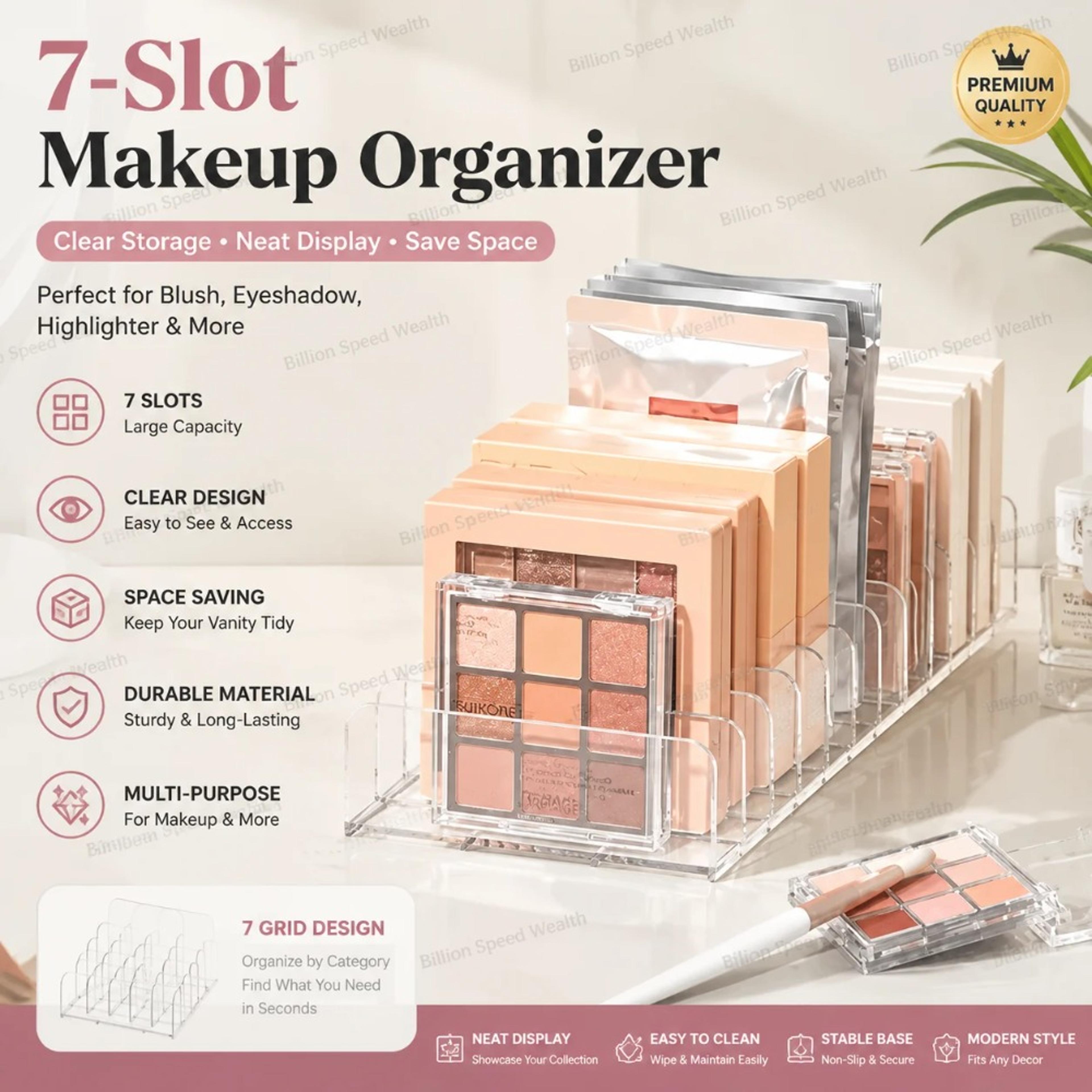 seven compartment clear acrylic makeup organizer for cosmetics and brushes
