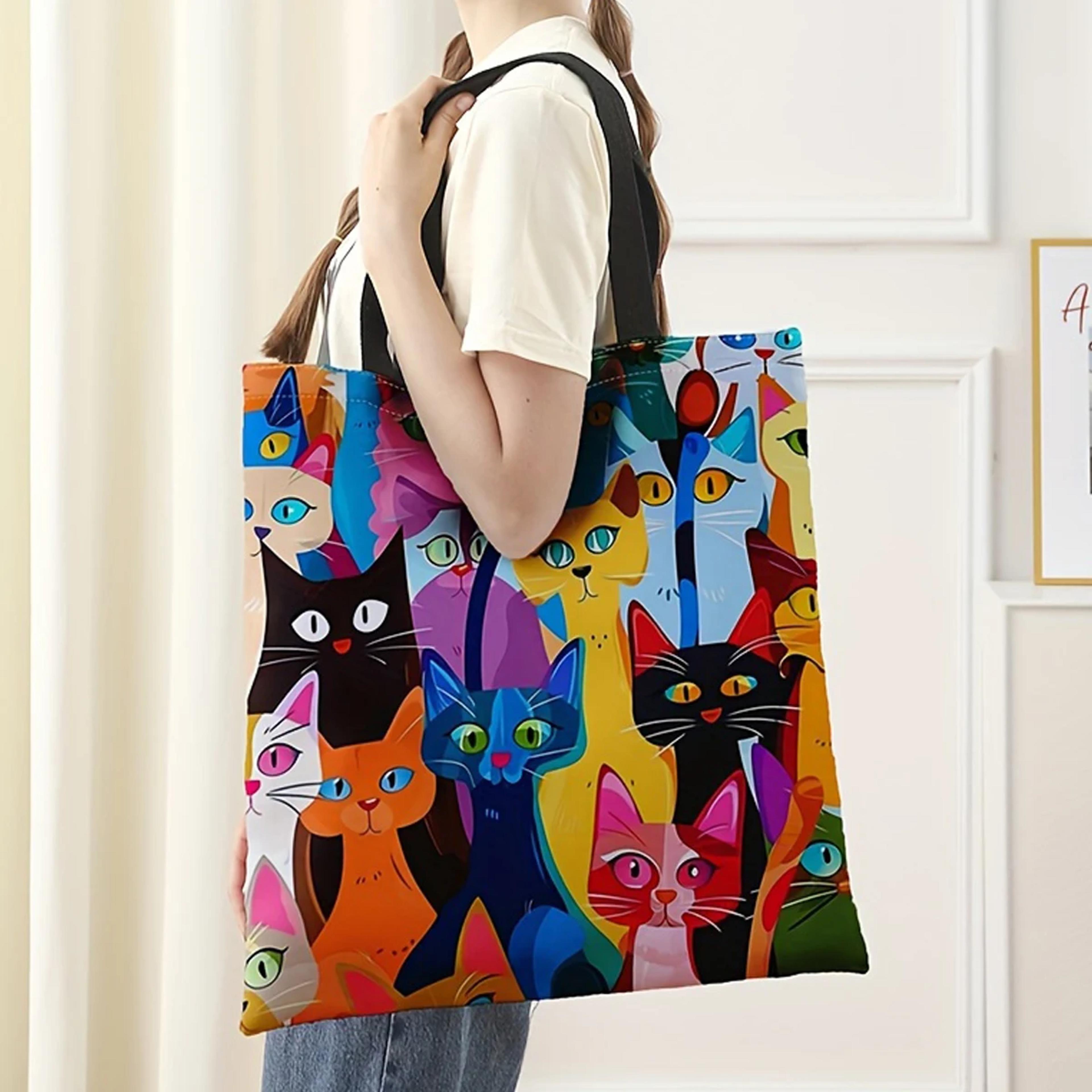 colorful kitten print polyester shopping handbag with strap drop