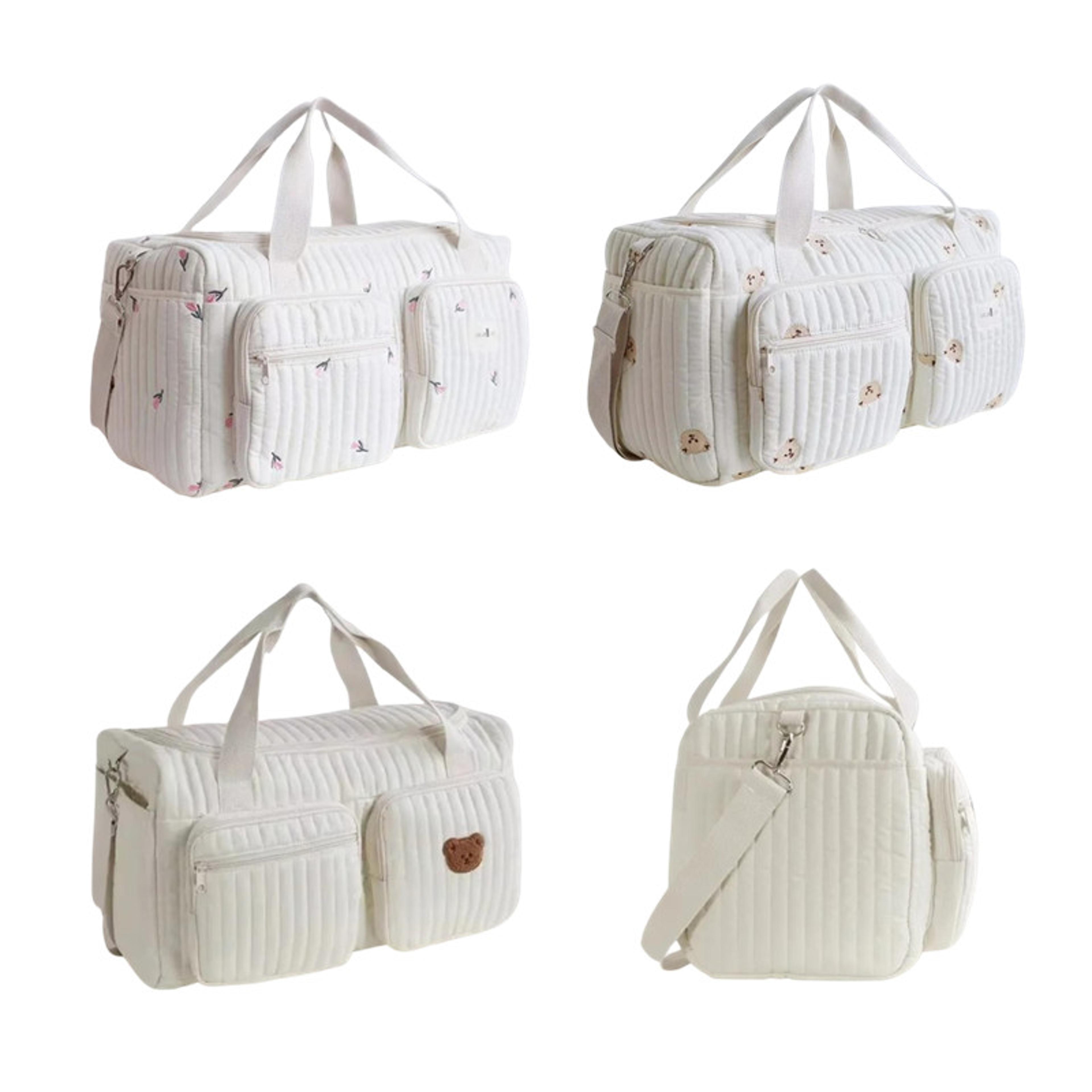 cute bear floral embroidery cotton baby diaper bag beige zipper mommy bag