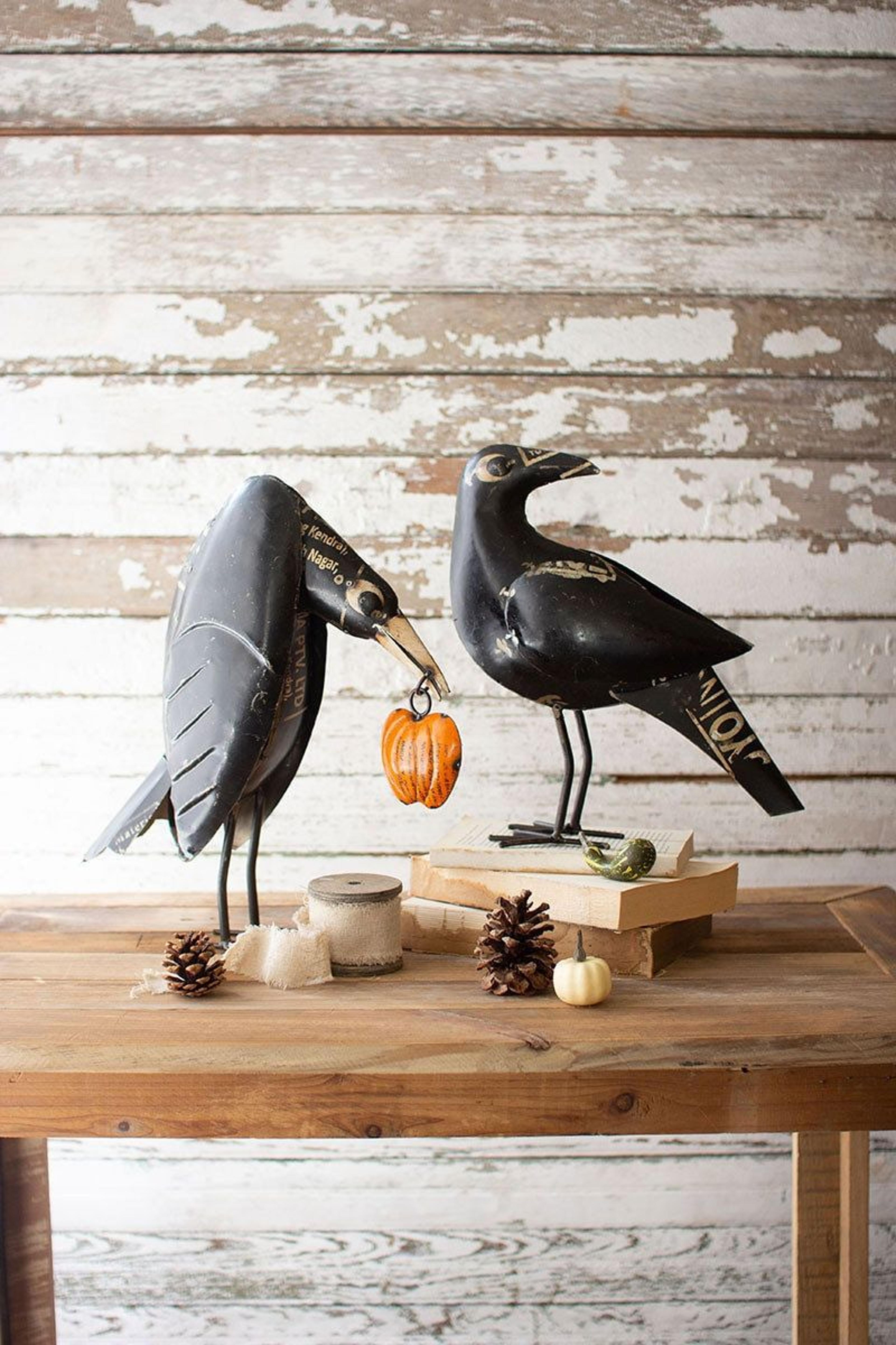 2 piece recycled iron crow figurine set with pumpkins for halloween decor
