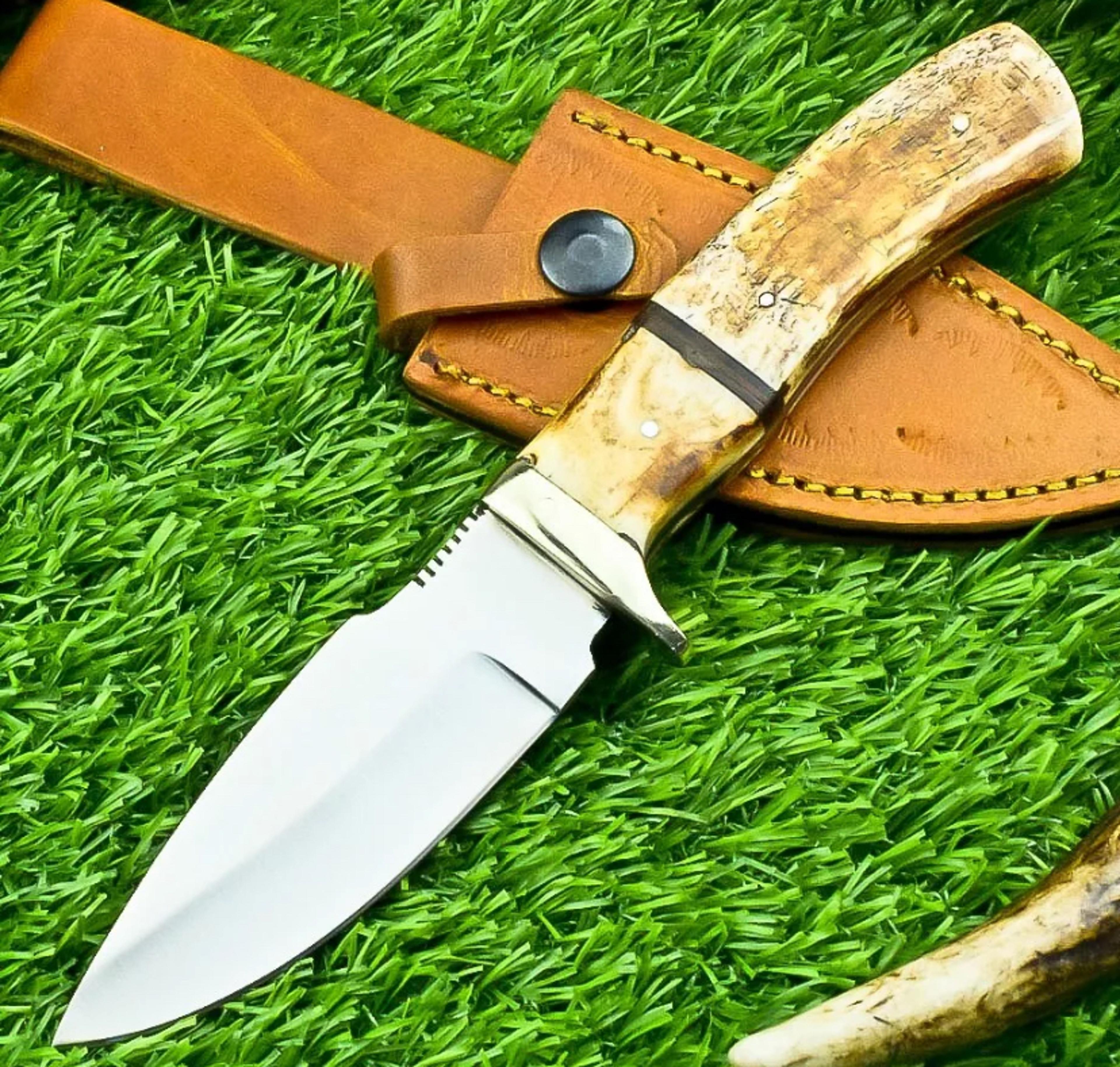 stunning handmade d2 steel blade knife, full tang hunting skinning knife with leather sheath
