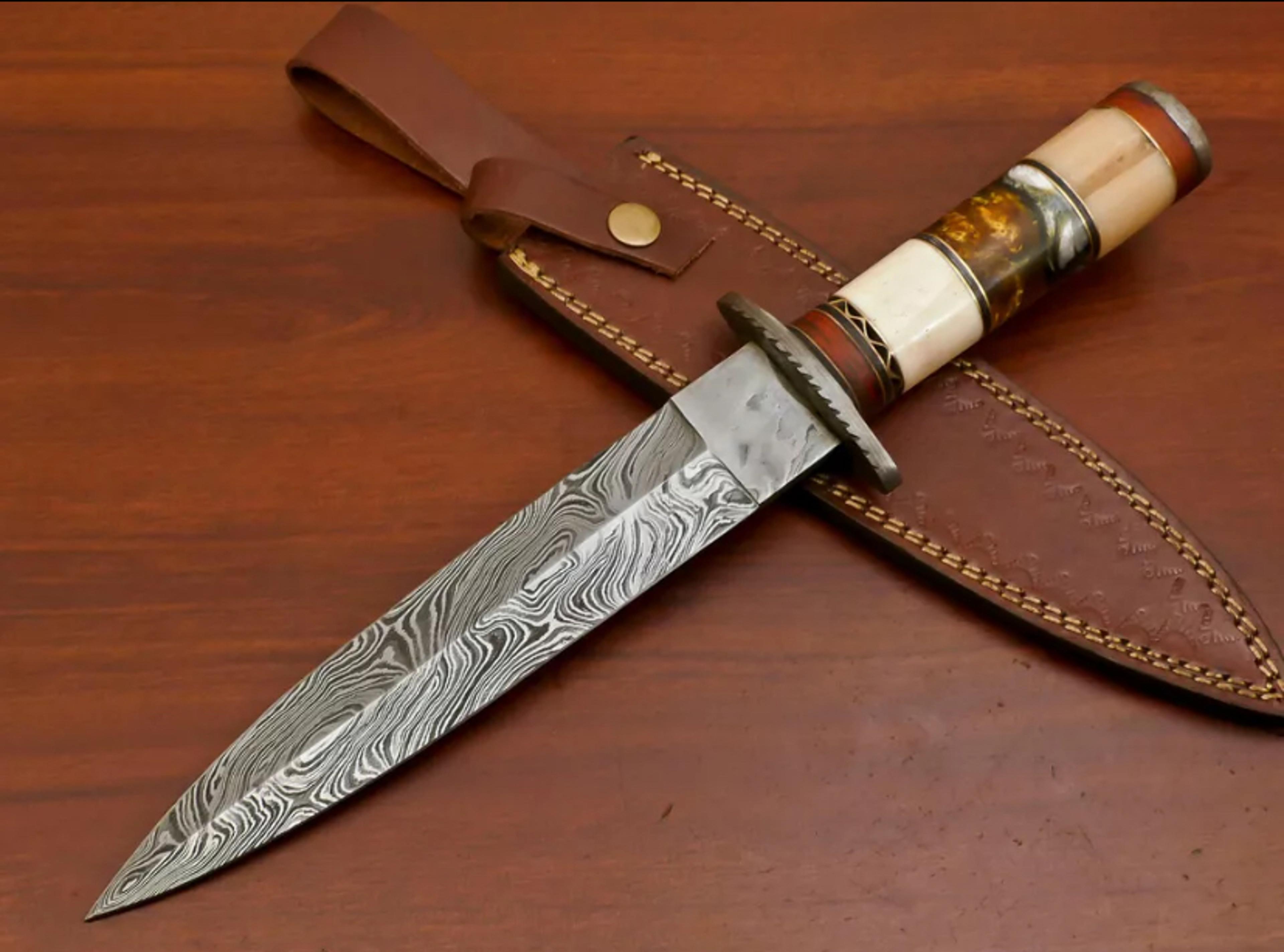 hand made damascus art dagger knife - stained camel bone/resin/wood with leather sheath