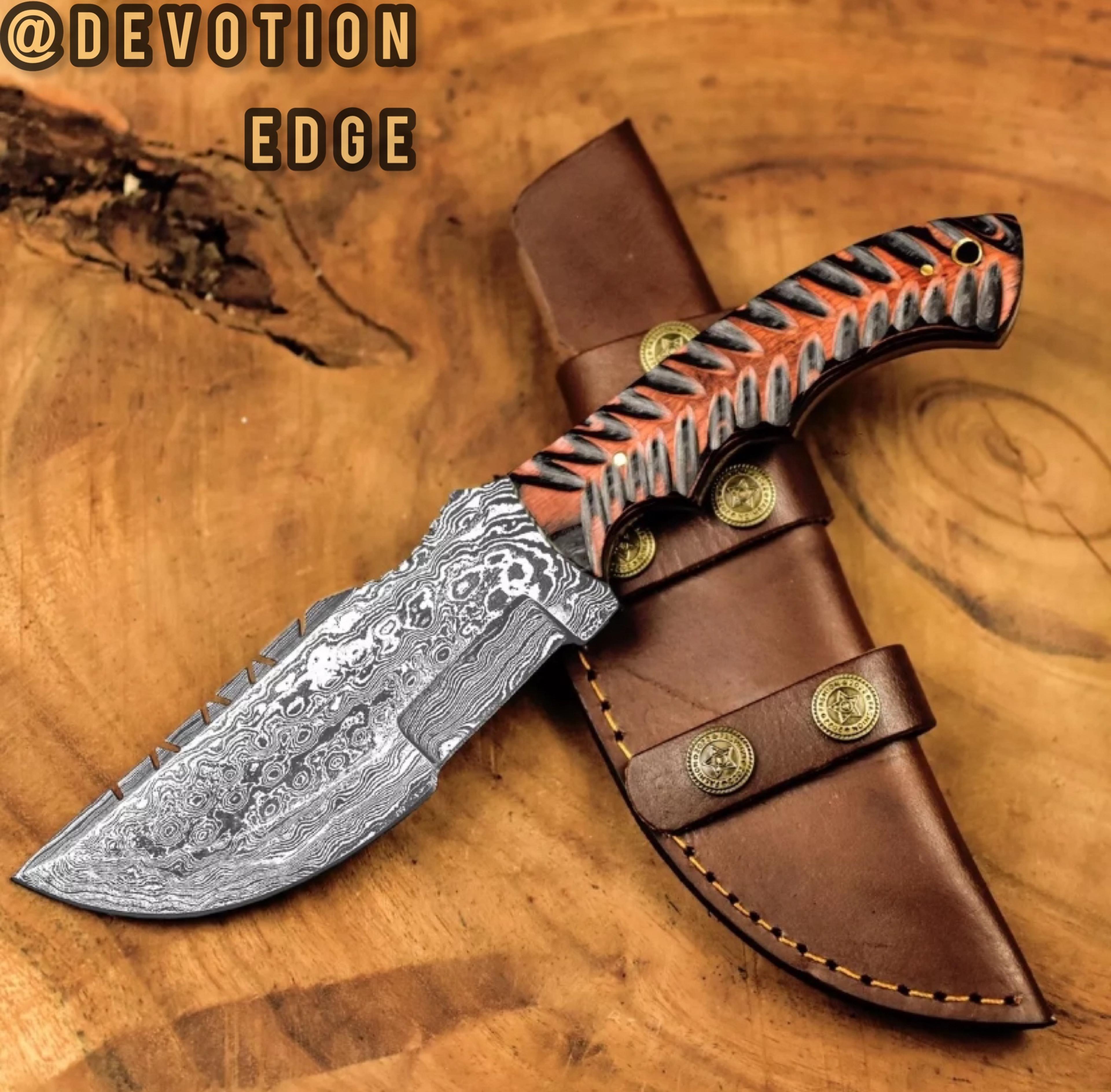 handmade damascus steel hunting camping tracker knife paka wood handle with leather sheath
