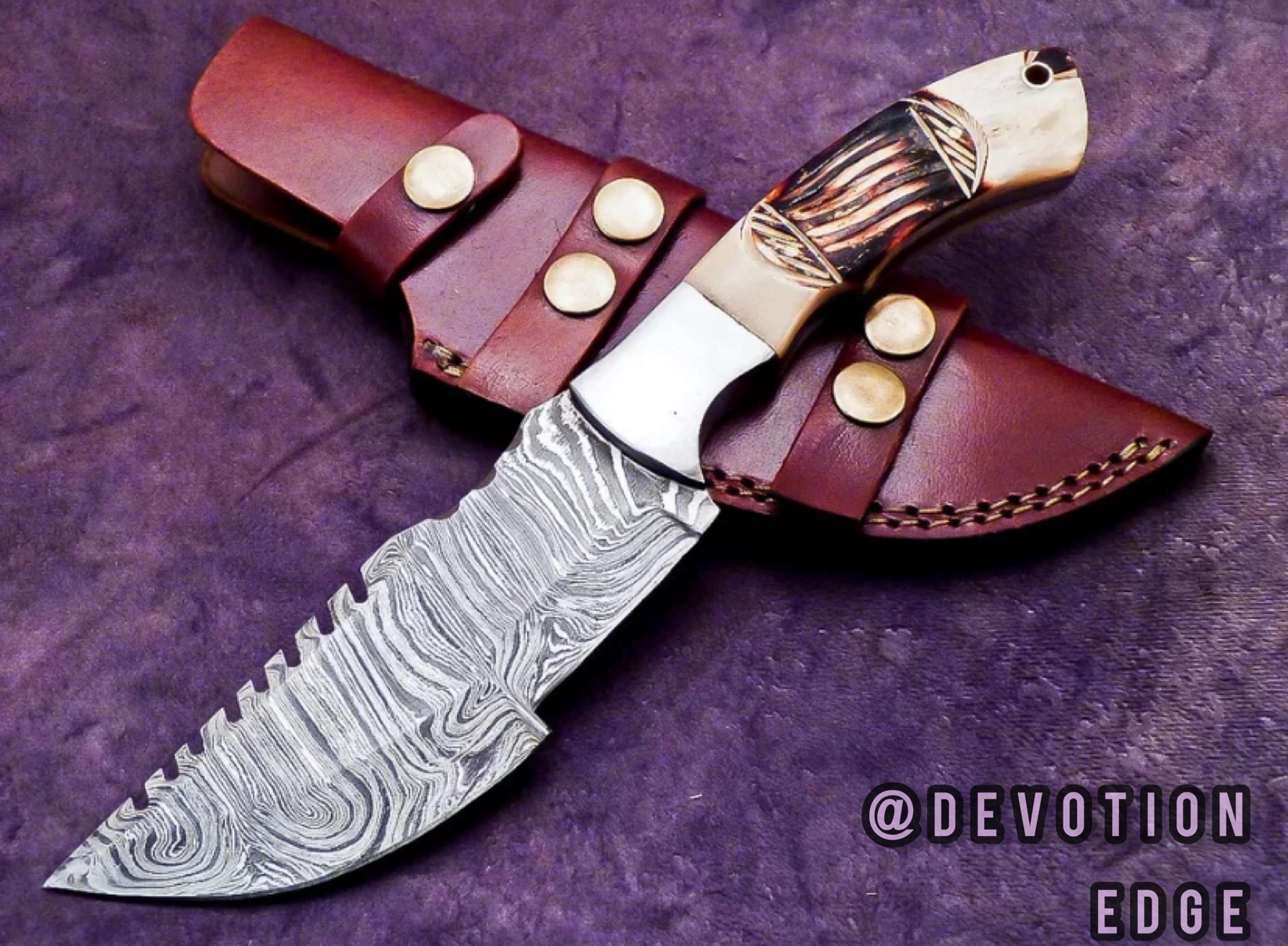 handmade damascus steel tracker knife, full tang camping hunting knife, with leather sheath