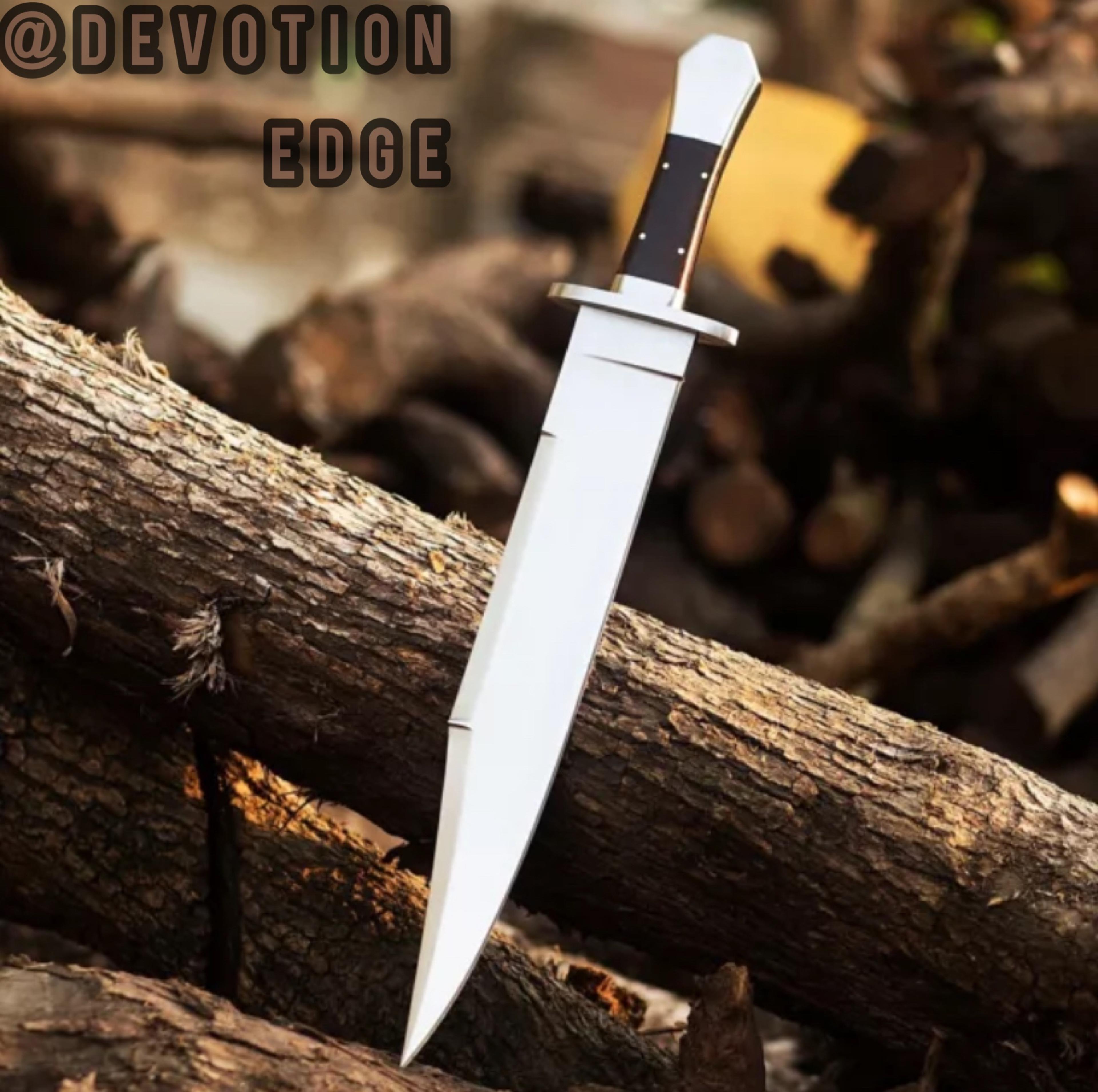 custom handmade d2 steel hunting bowie knife with original leather sheath.