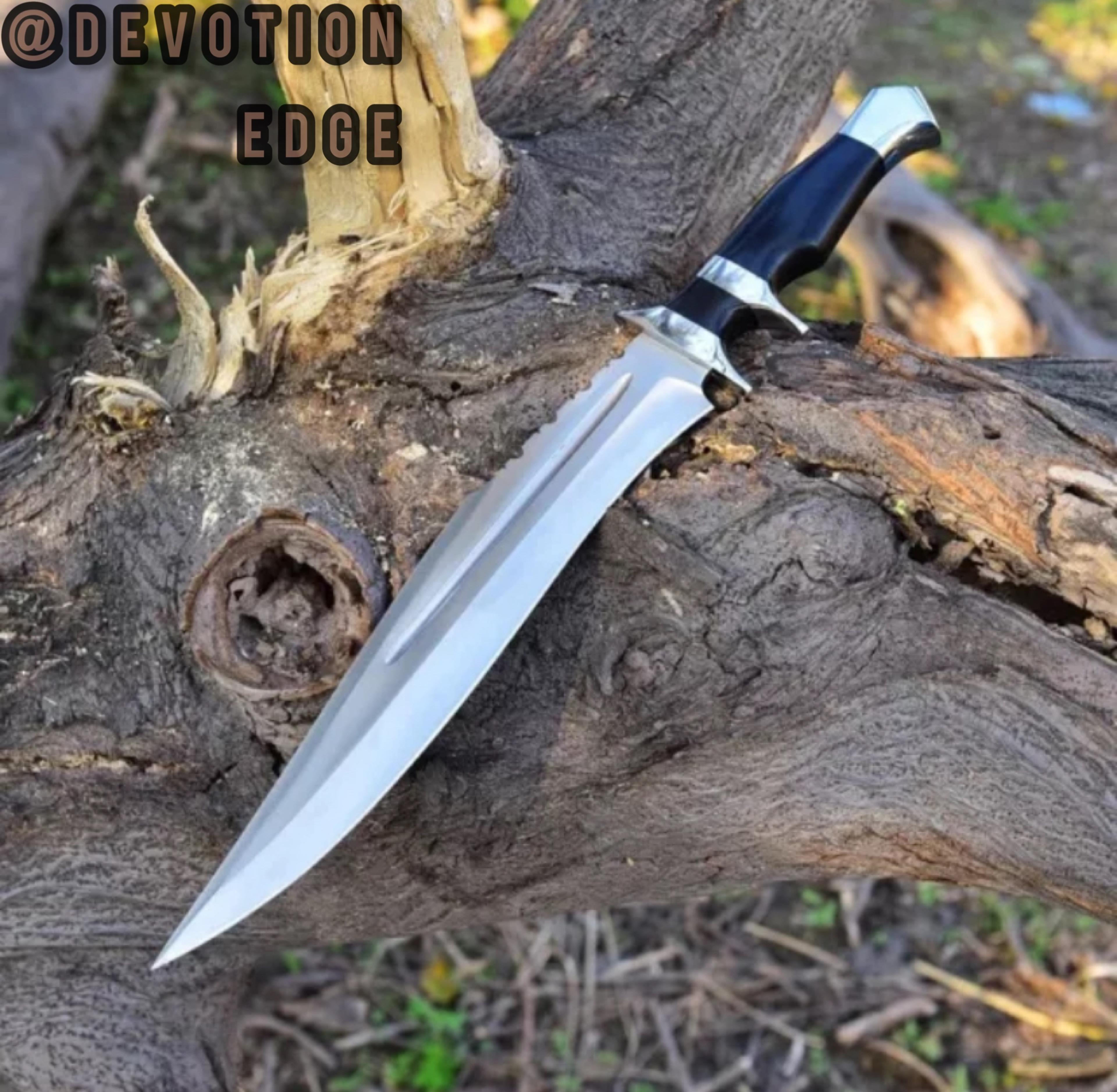 15" custom handmade stainless steel hunting bowie knife - bull horn handle with leather sheath