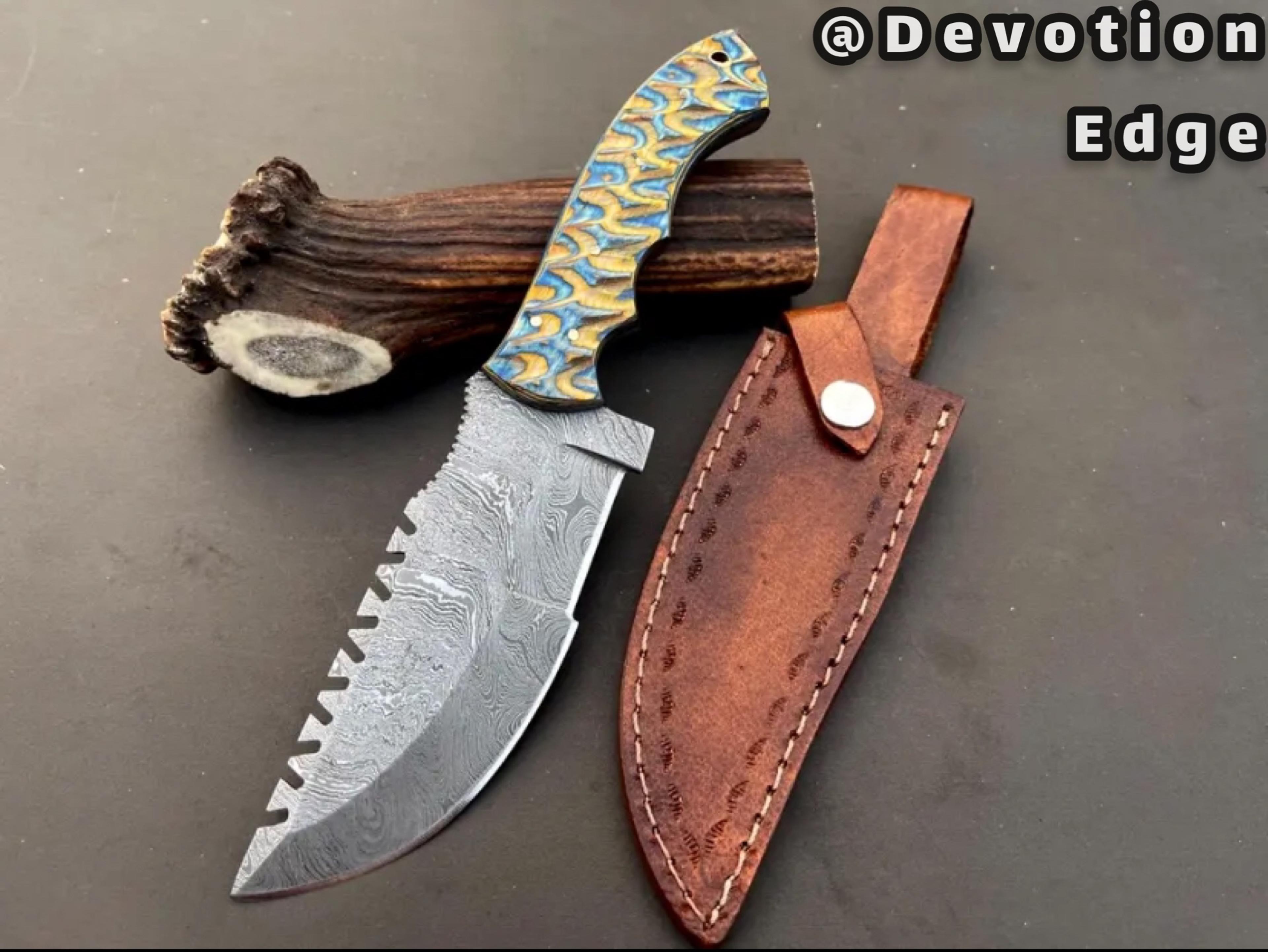 handmade 10" dabest damascus knife,mascus steel hunting tracker knife with leather sheath