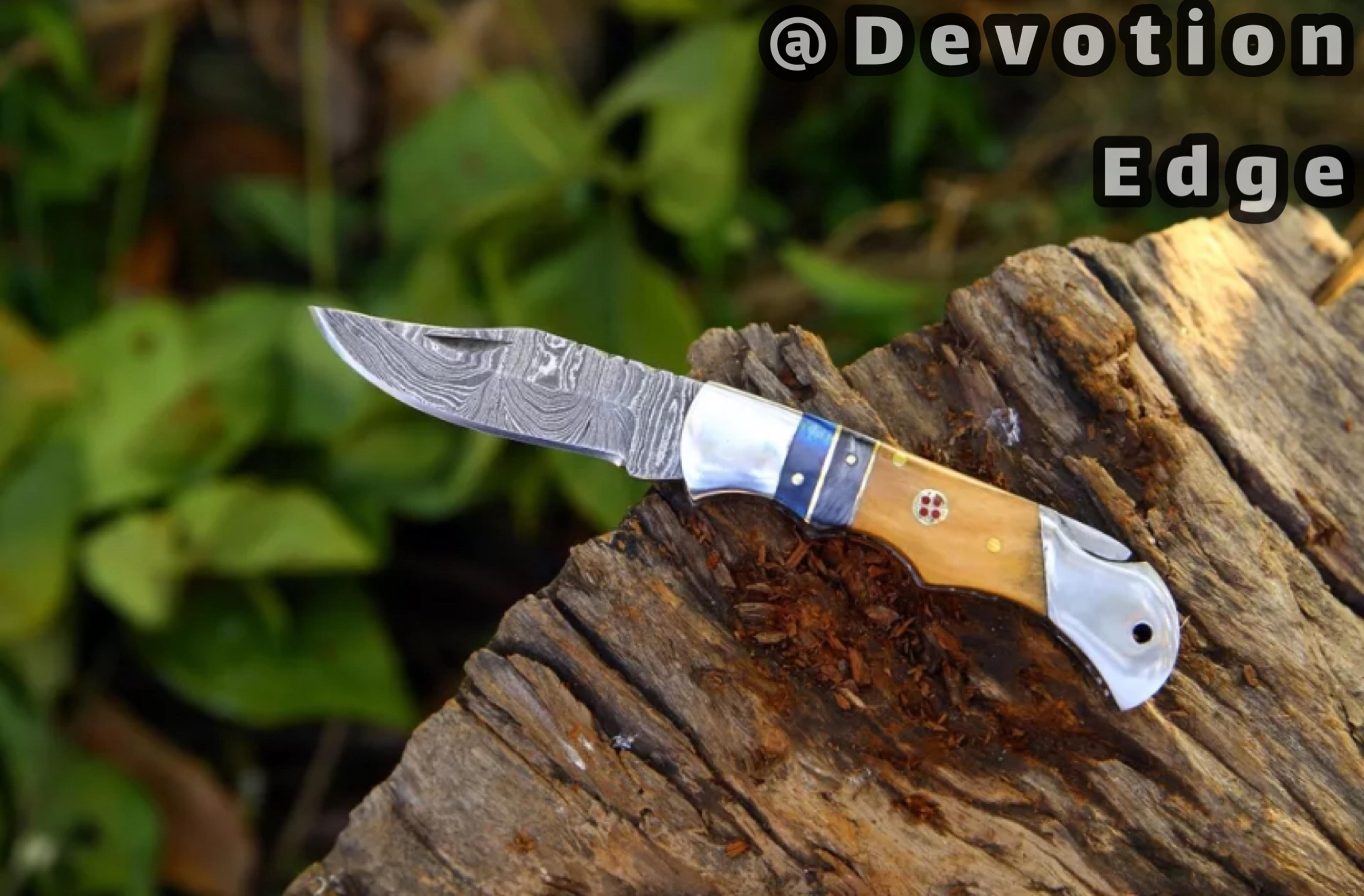damascus handmade folding pocket knife damascus steel knife with leather sheath