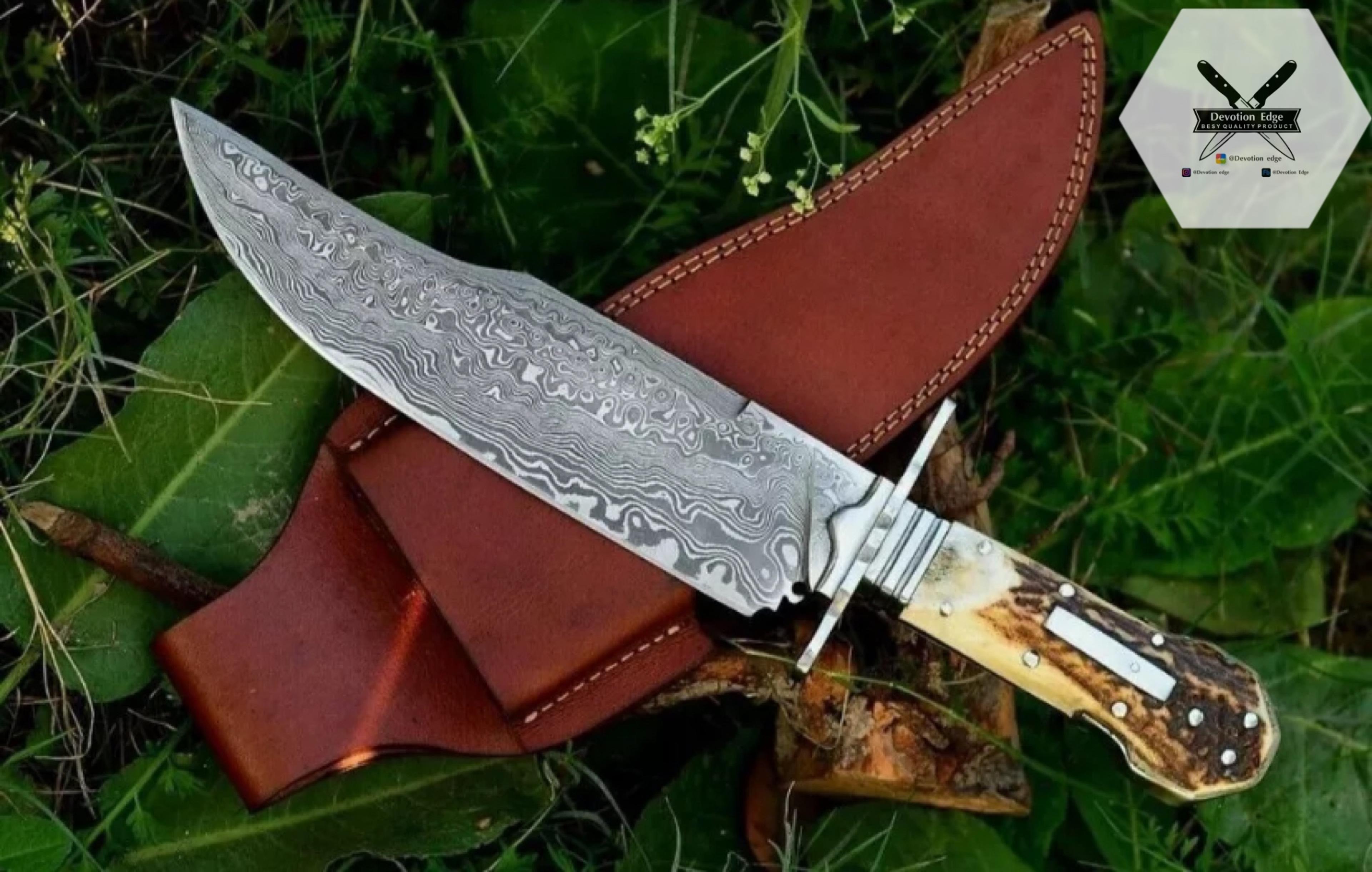 handmade damascus steel hunting survival bowie knife with stag horn & leather sheath