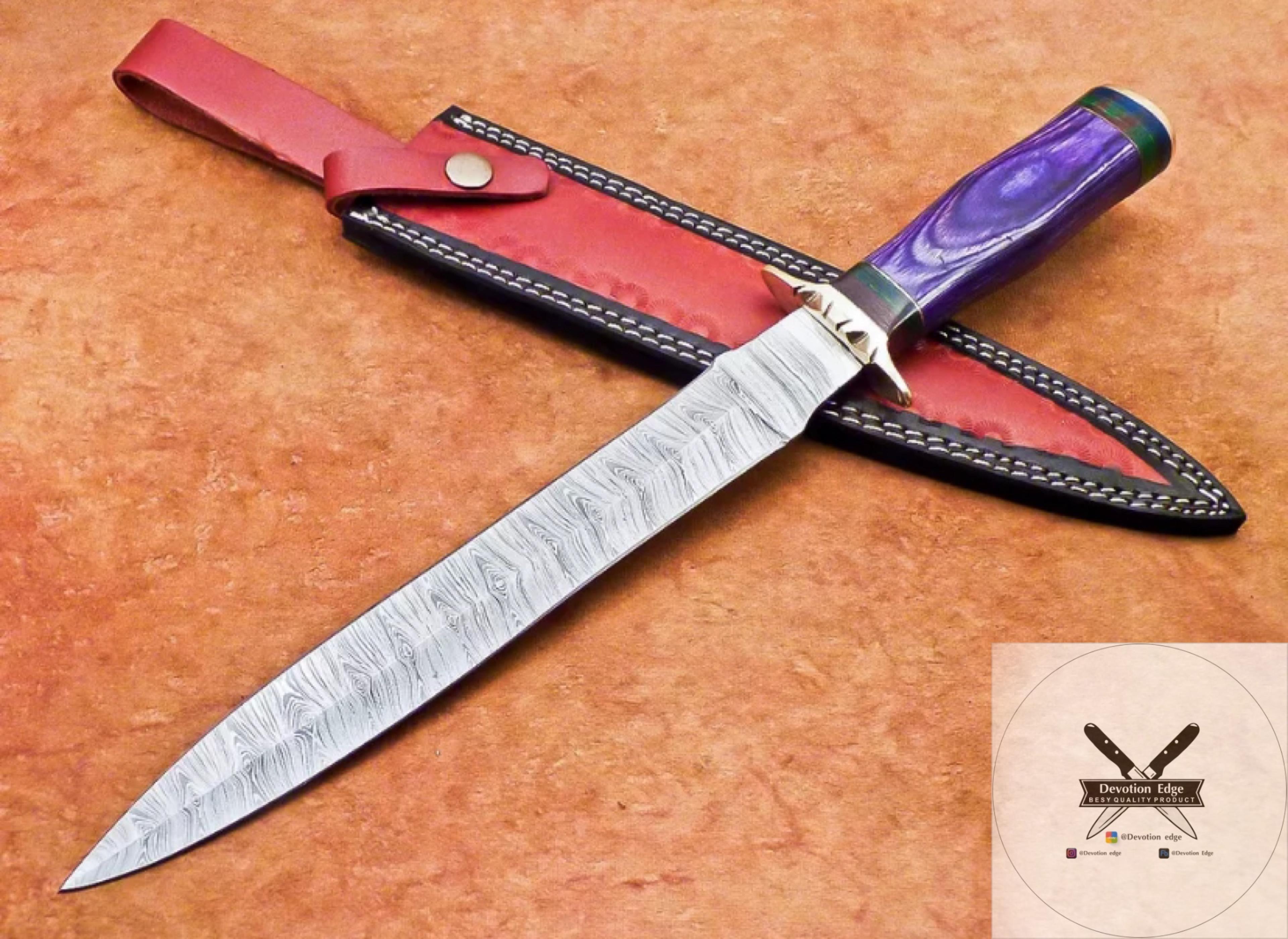 hand forged damascus steel blade 15" bowie hunting knife dagger knife with leather sheath