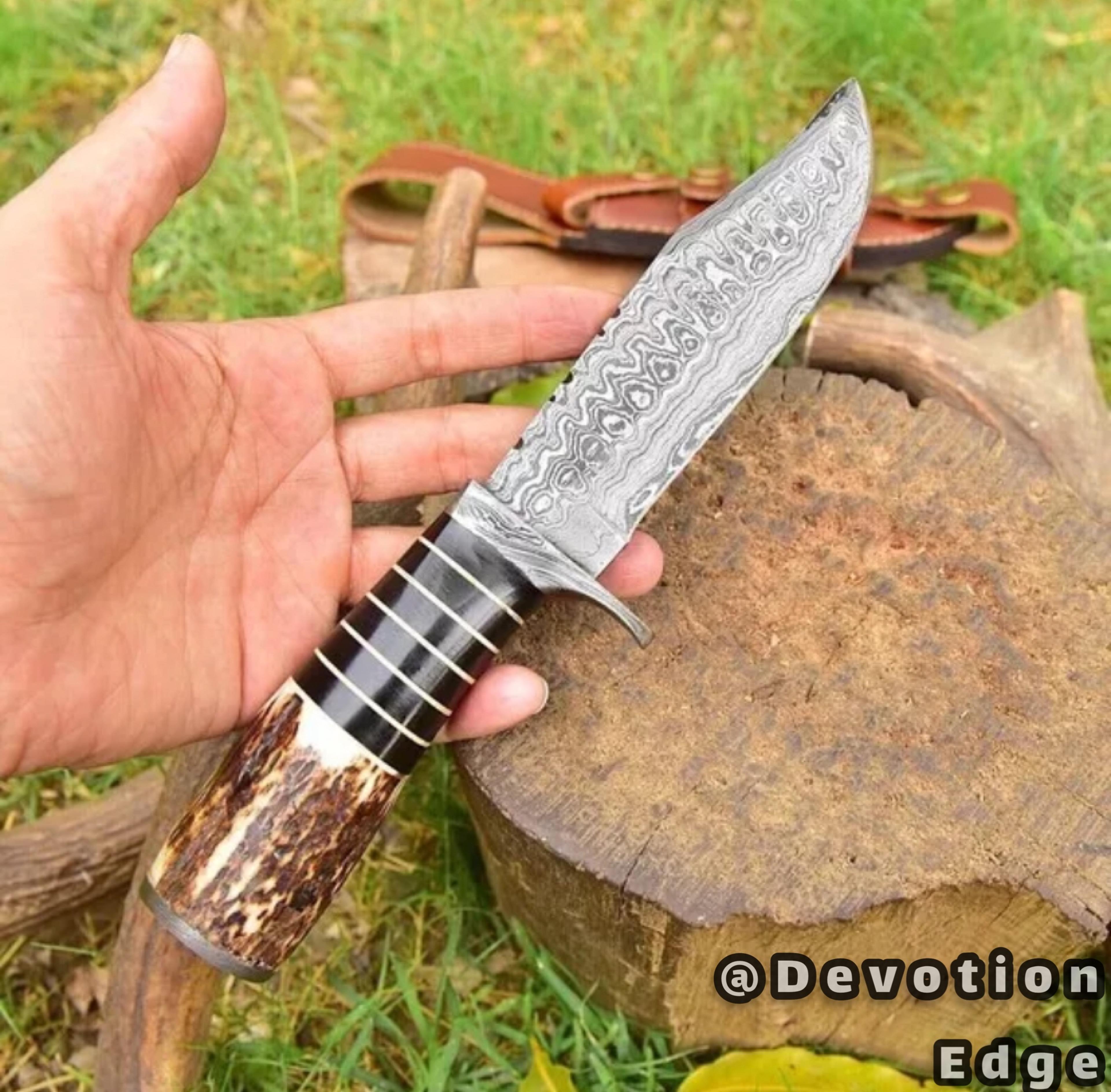devotion edge custom handmade damascus steel stag horn handle hunting bowie knife with leather sheath
