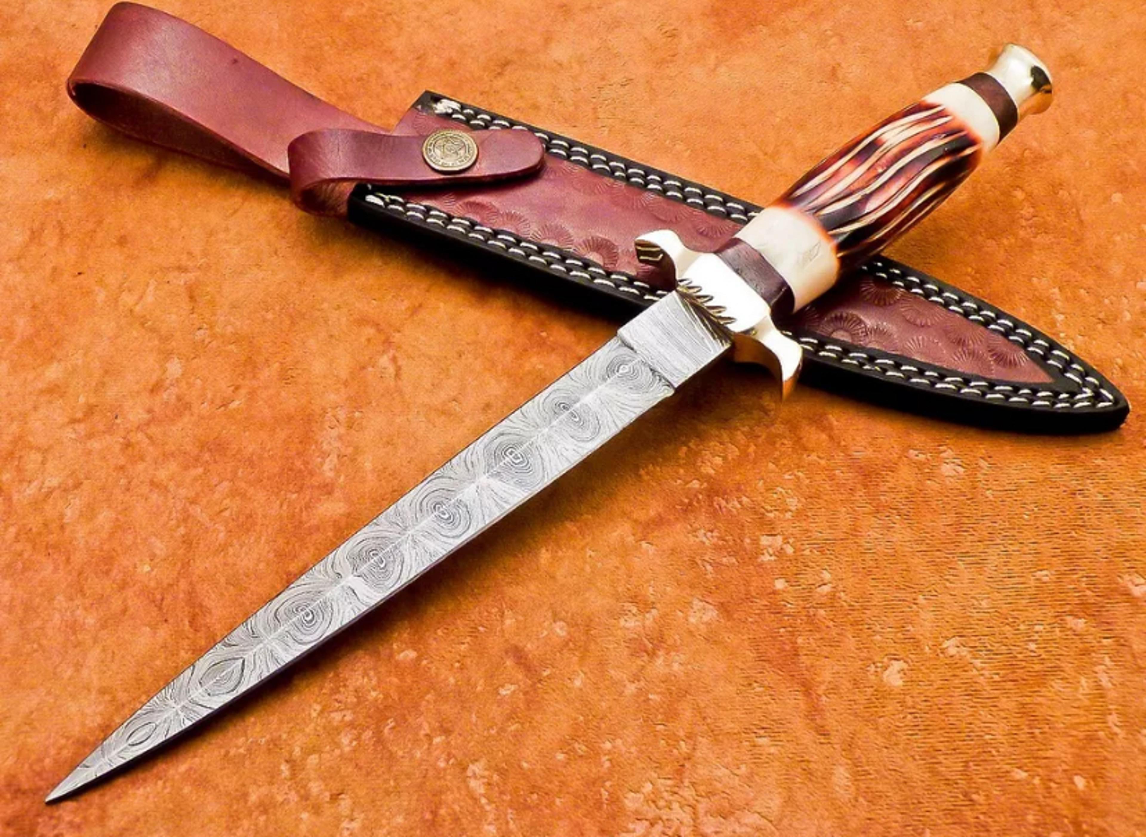 hand forged damascus 12.0" dagger hunting knife camel bone with leather sheath