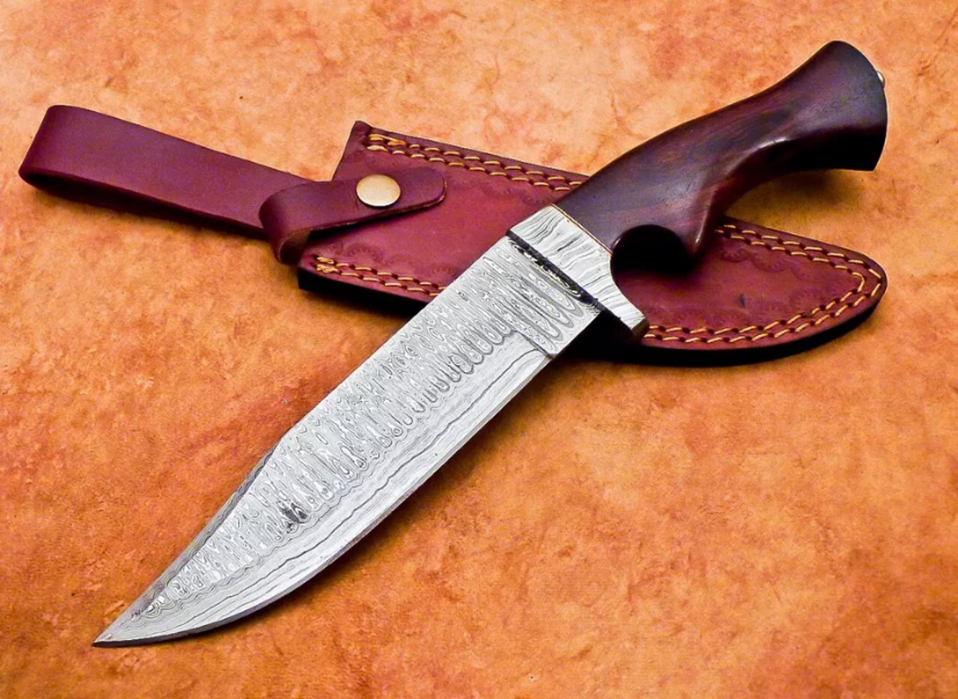 hand forged damascus steel bowie knife, camping hunting knife, edc with leather sheath