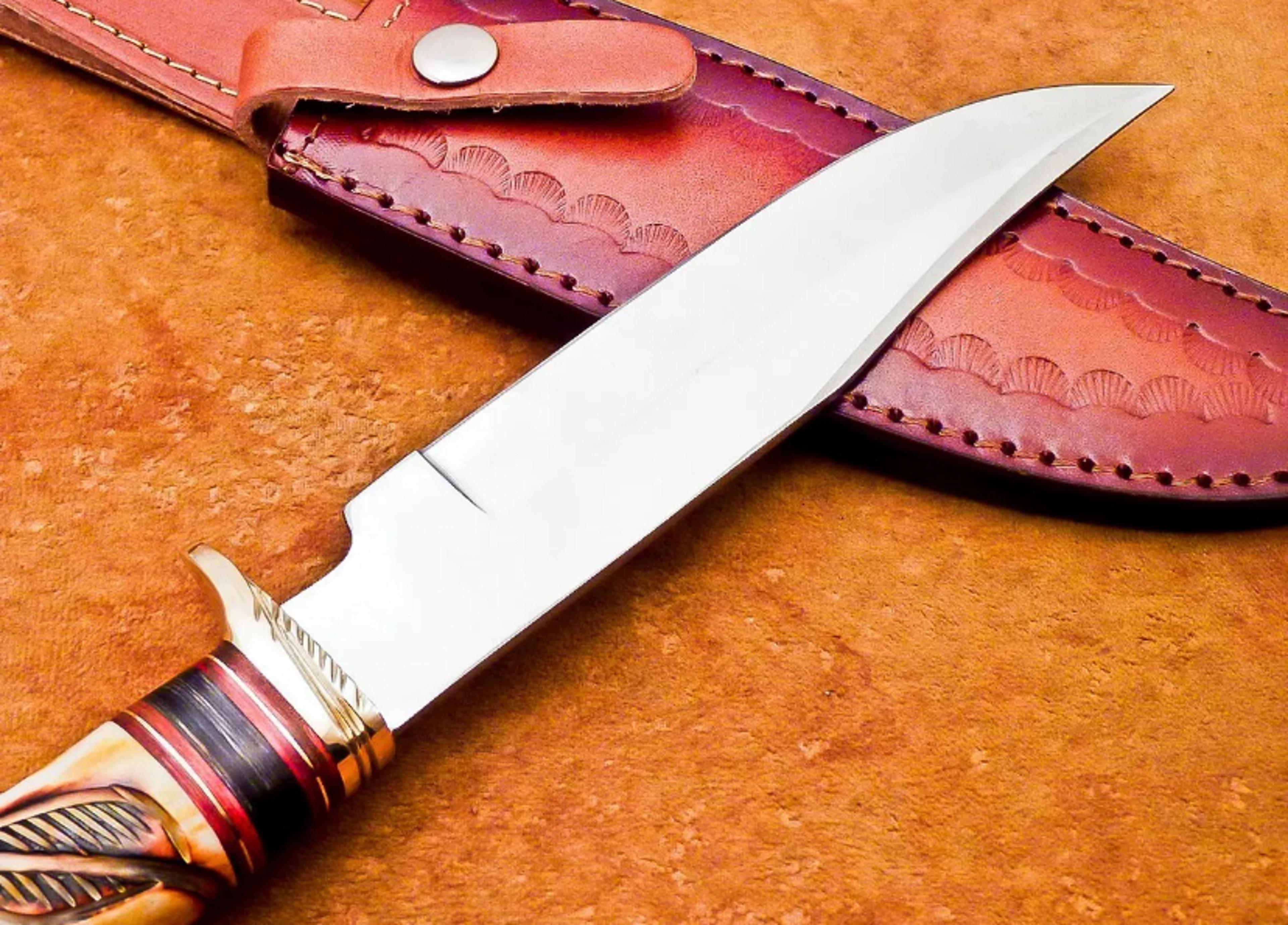unique custom handmade d2 steel blade bowie hunting knife -camel bone with leather sheath