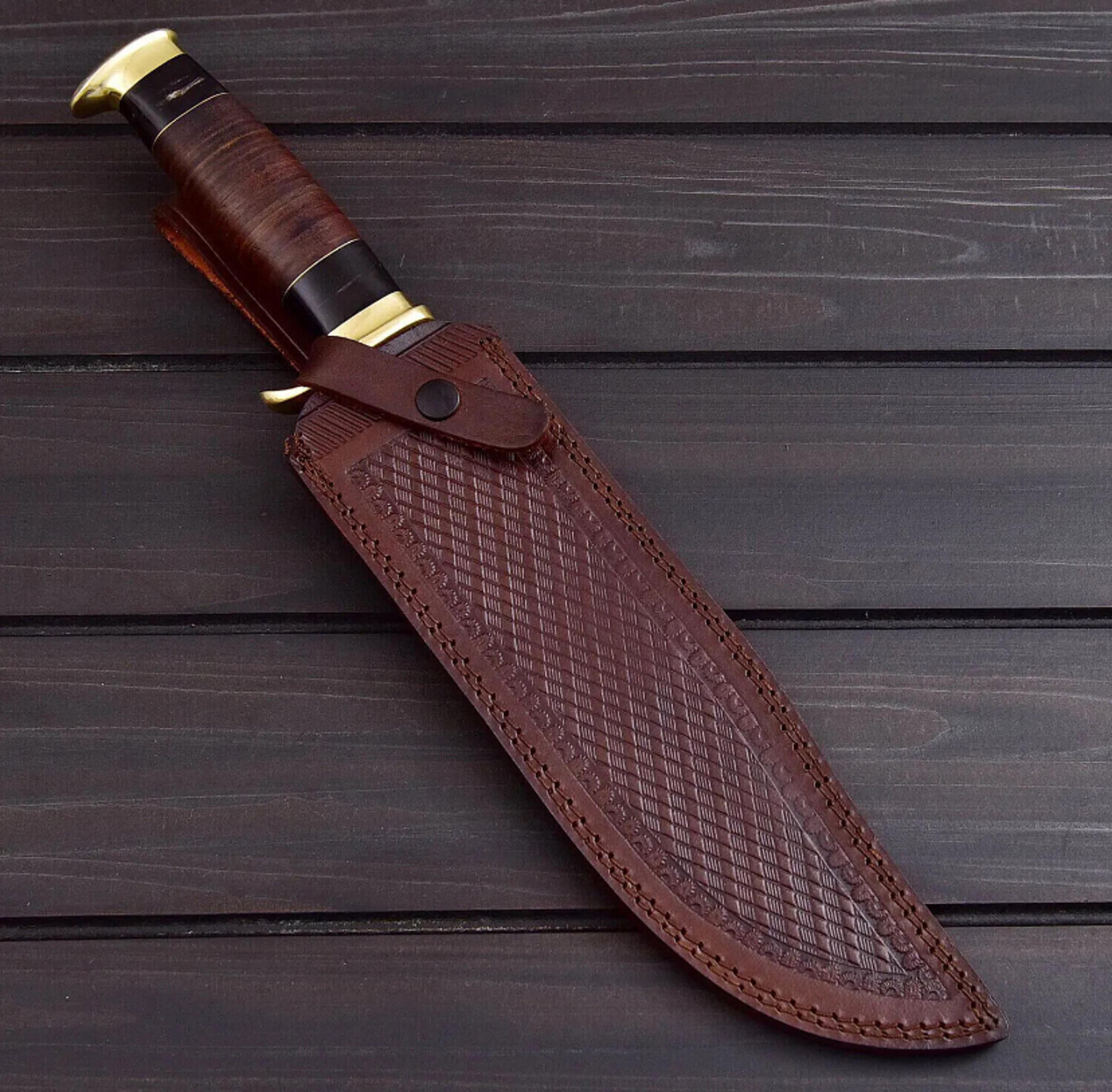 devotion edge custom handmade d2 steel high polish crocodile dundee bowie knife with leather sheath