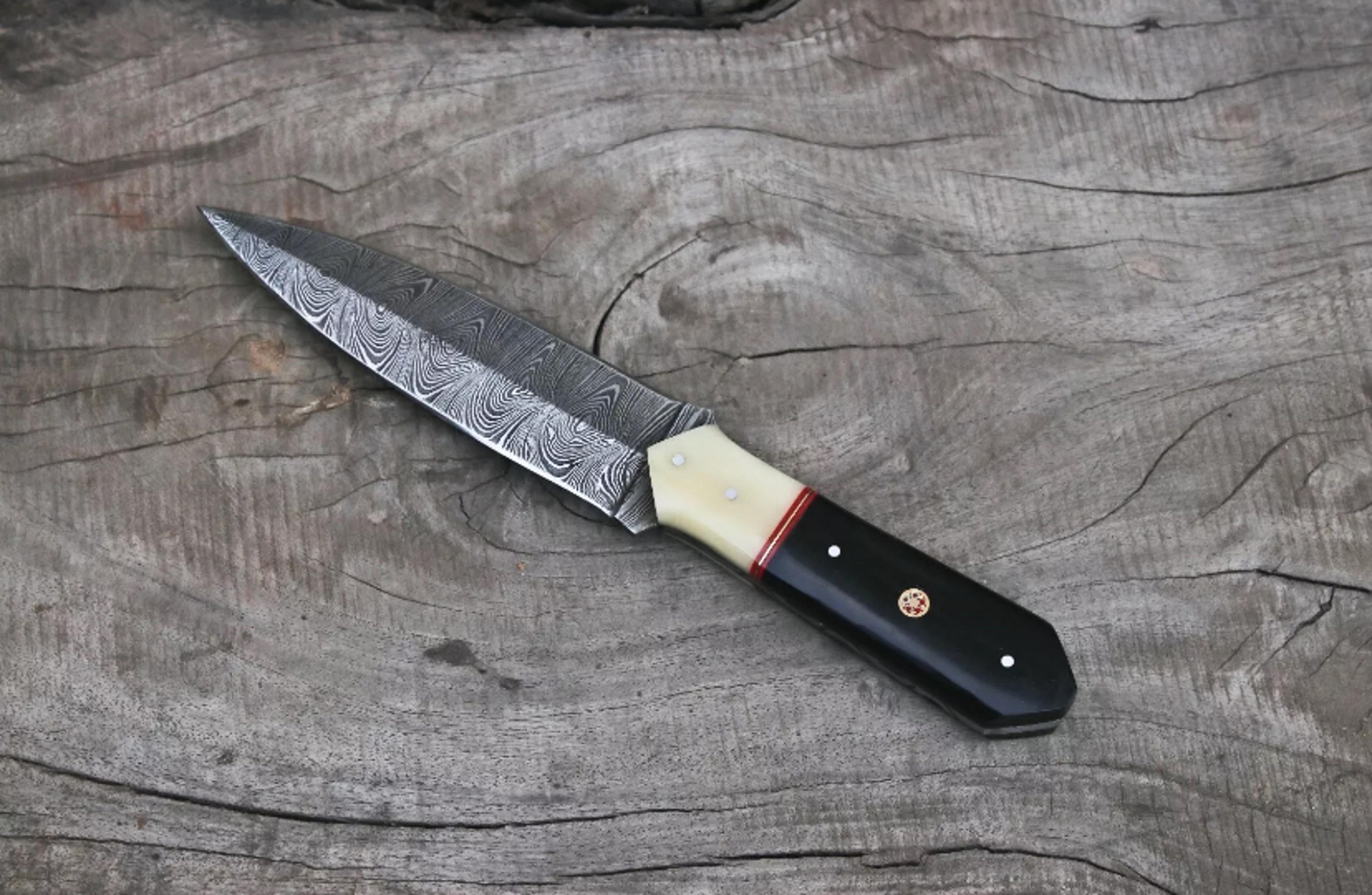 devotion edge custom hand forged damascus steel dagger boot hunting camping knife full tang with leather sheath