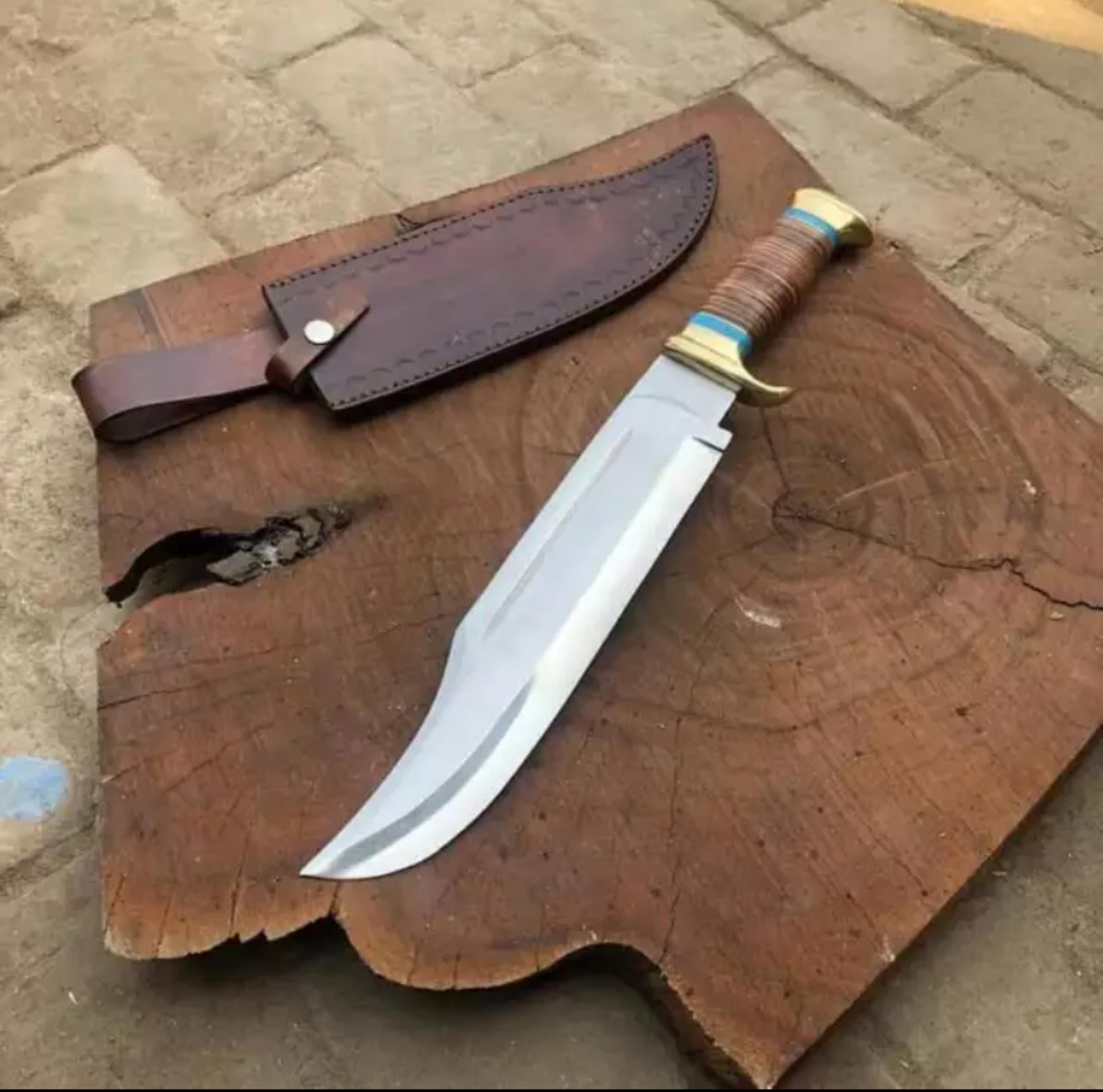 devotion edge beautiful hand forged damascus steel hunting bowie knife with leather sheath
