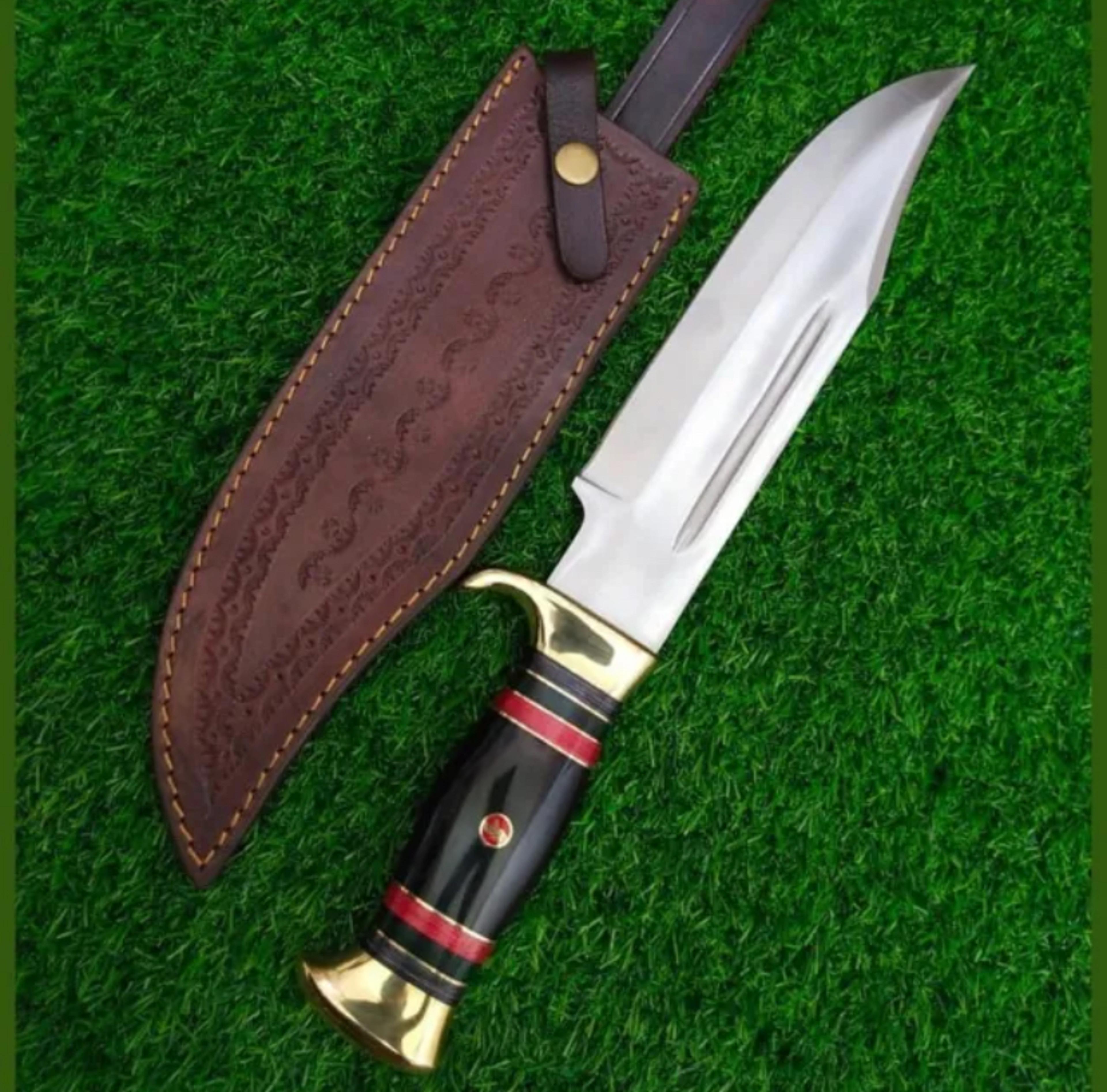 devotion edge 14 " custom handmade d2 steel fixed blade hunting bowie knife with leather sheath