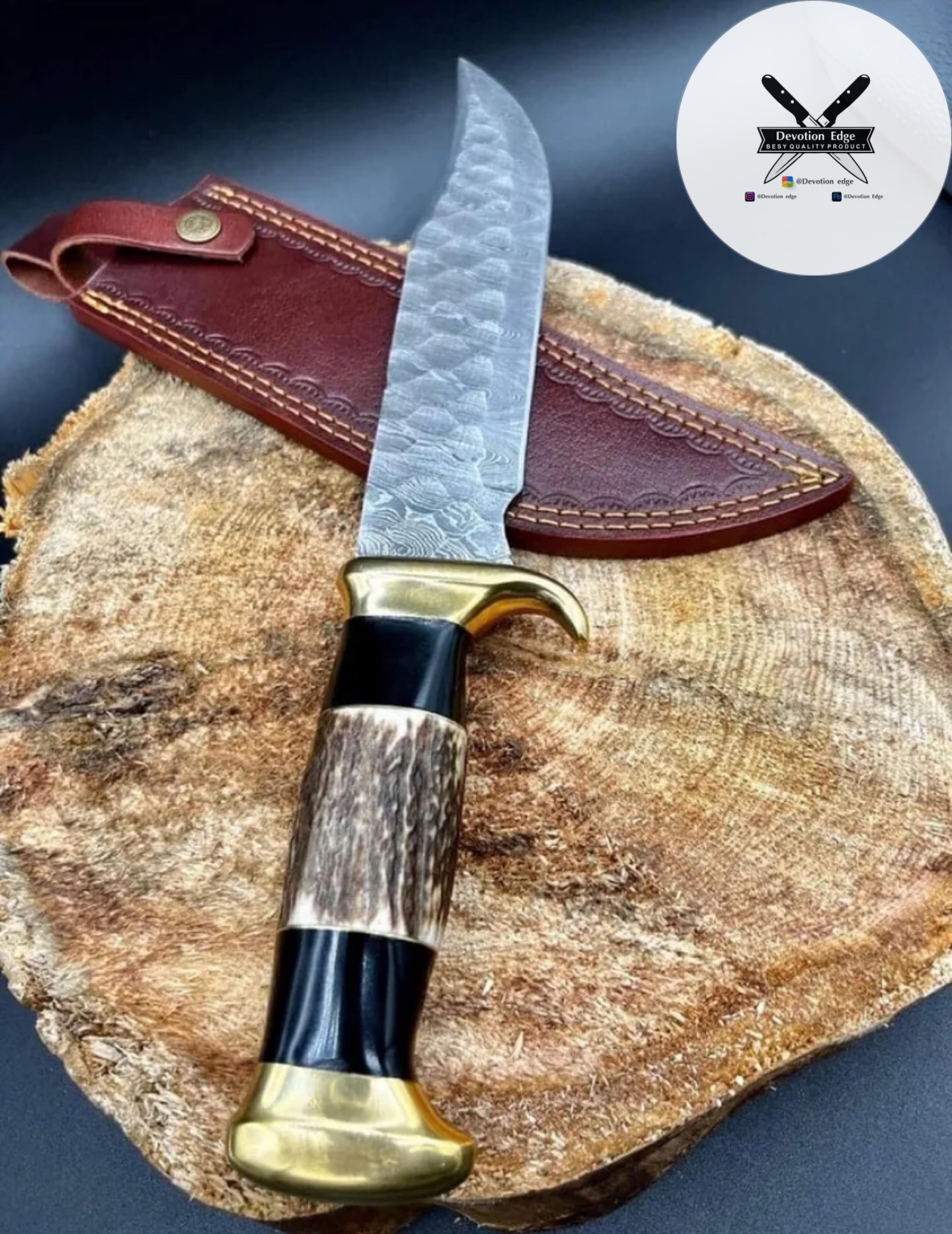devotion edge custom handmade damascus steel fixed blade bowie knife with stag & buffalo horn with leather sheath