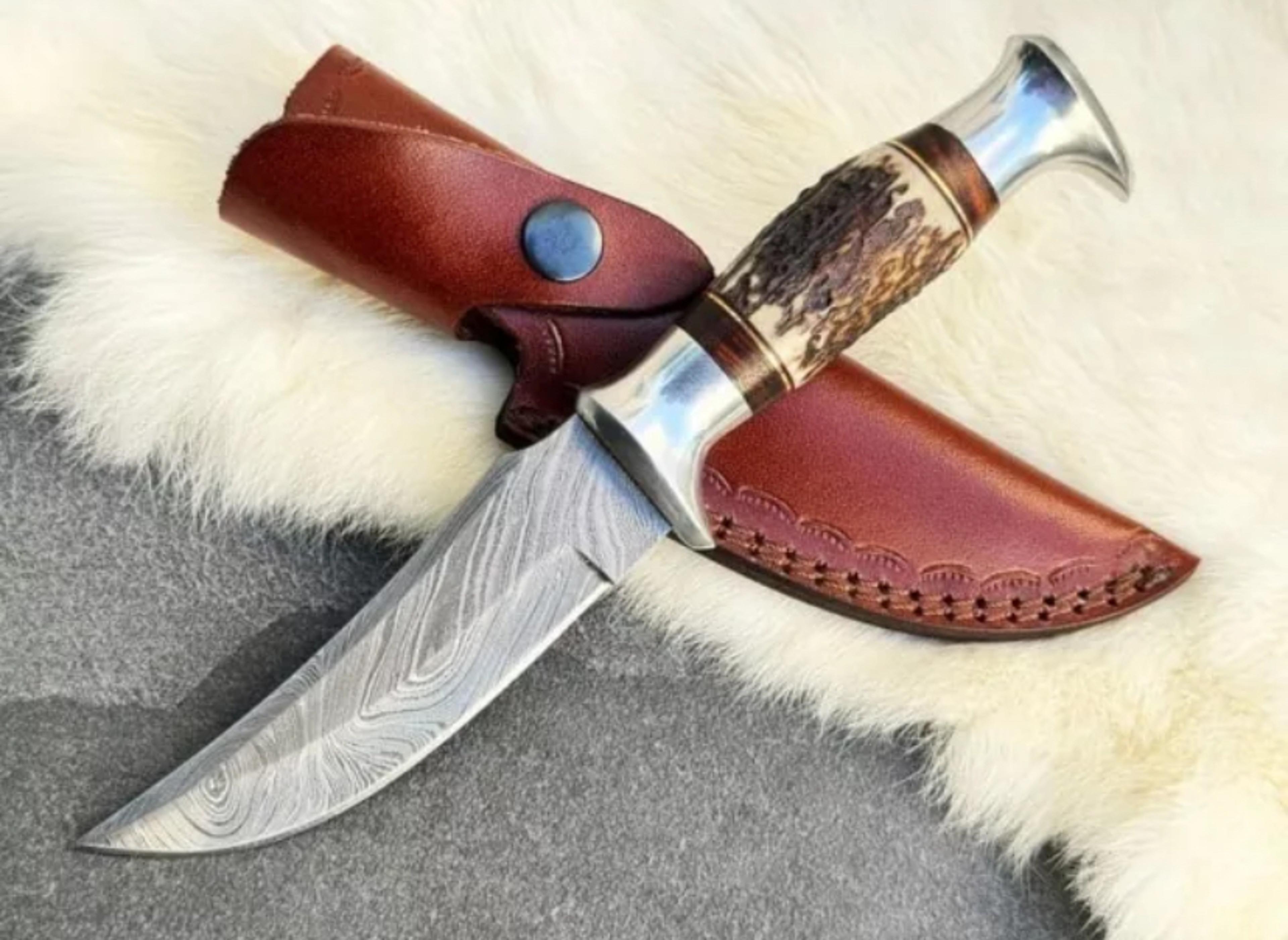 devotion edge custom handmade damascus steel blade, stag horn handle, hunting bowie knife with leather sheath