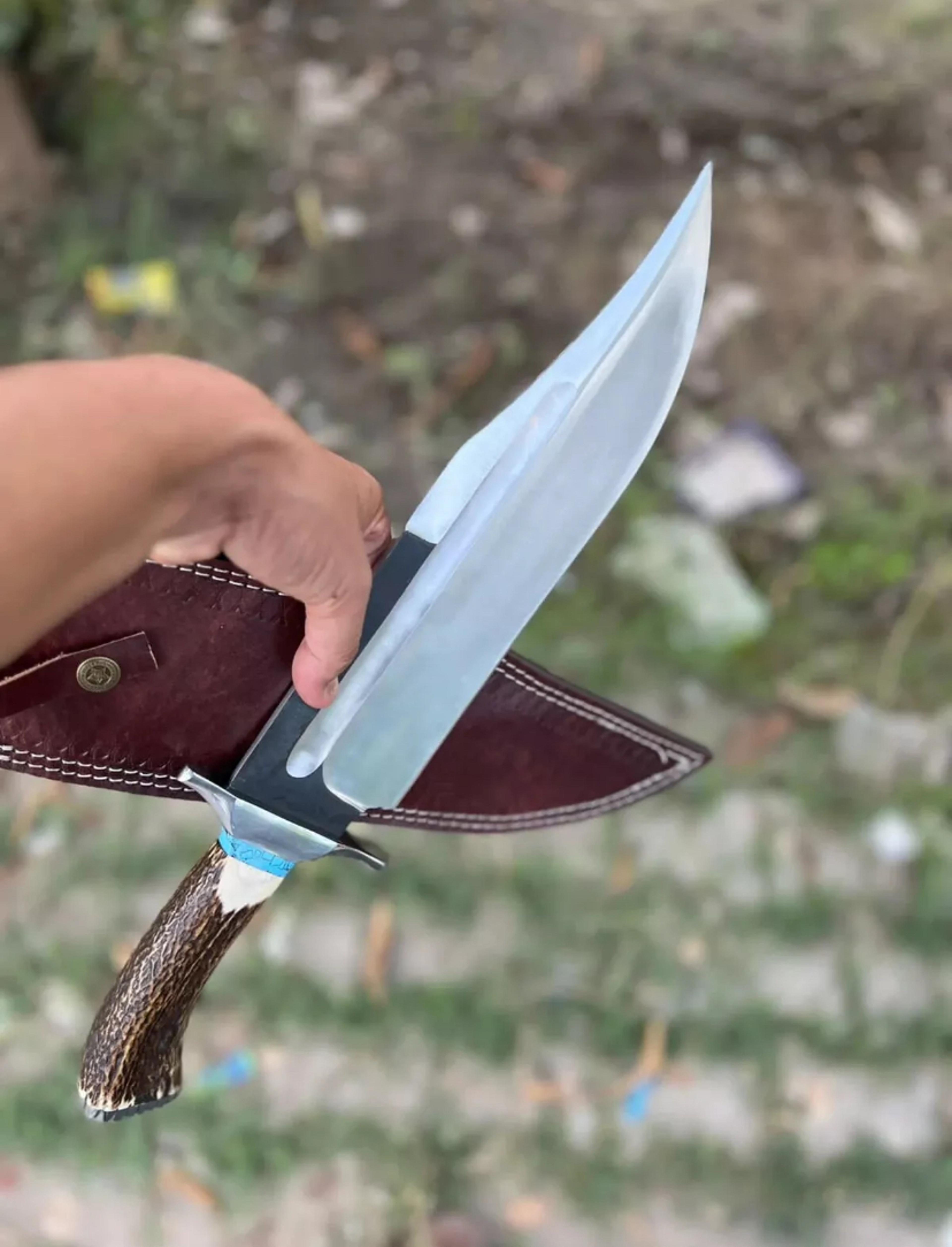 devotion edge custom handmade carbon steel stag horn handle hunting bowie knife with leather sheath