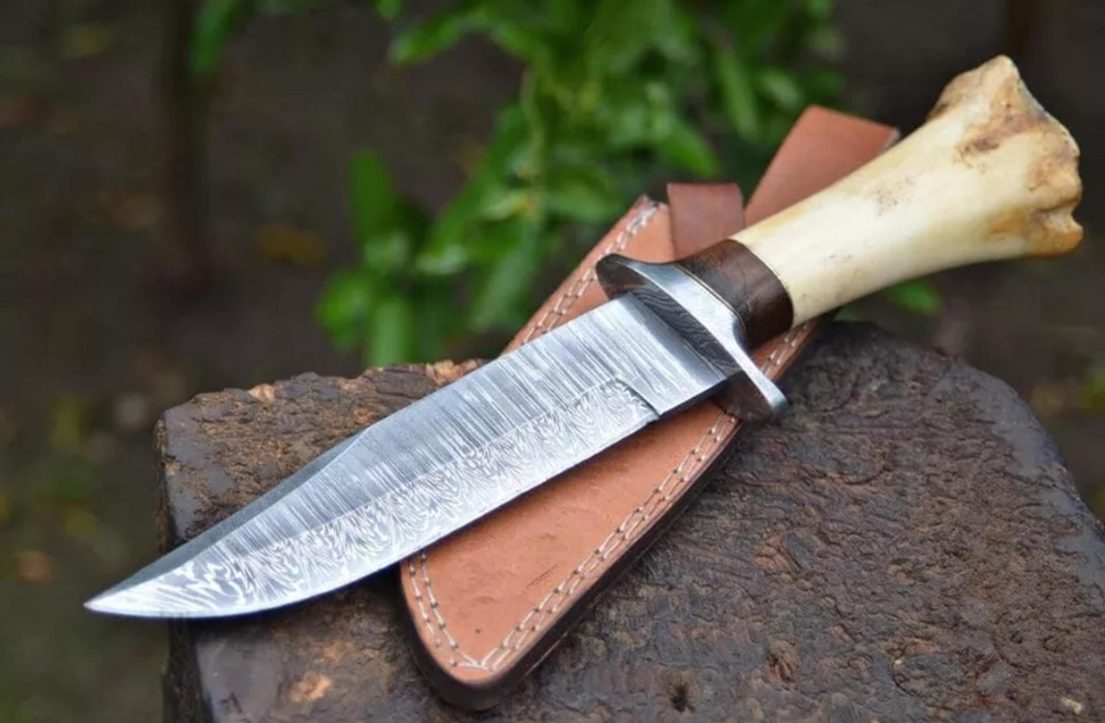 devotion edge custom handmade damascus steel camel bone handle hunting bowie knife with sheath
