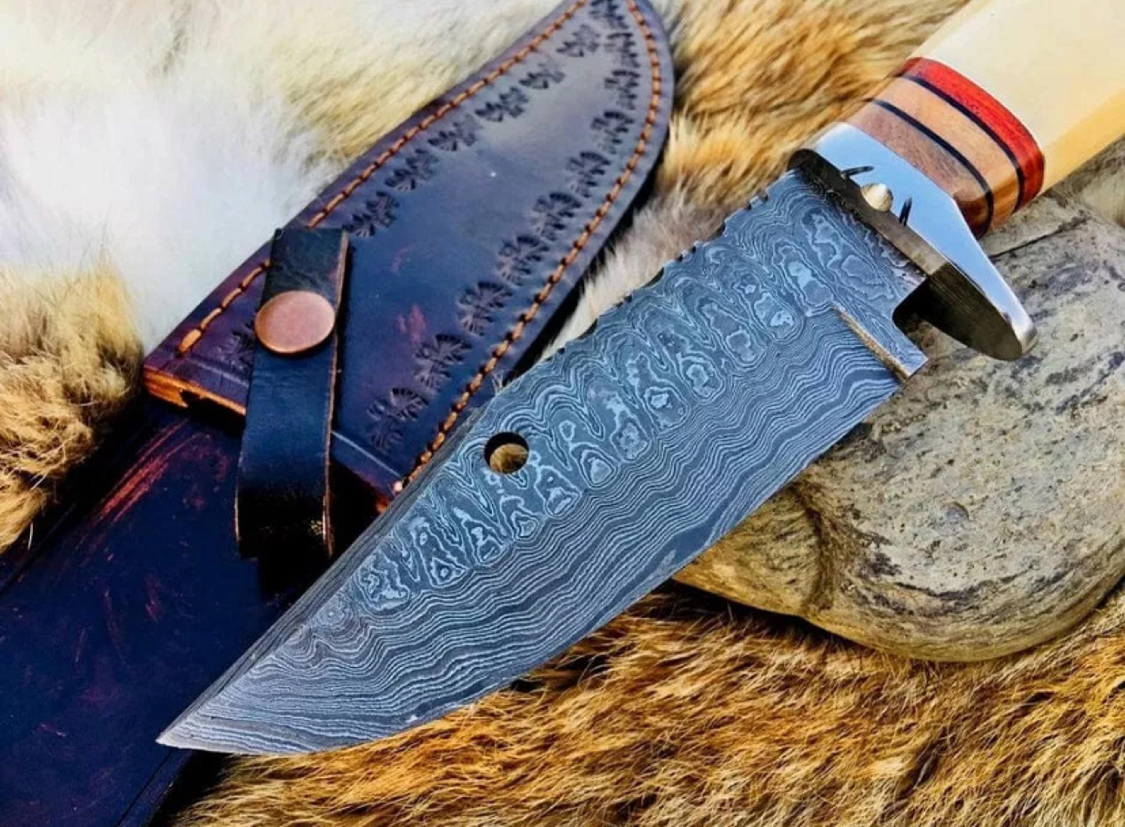 custom handmade damascus steel camel bone handle hunting bowie knife with leather sheath
