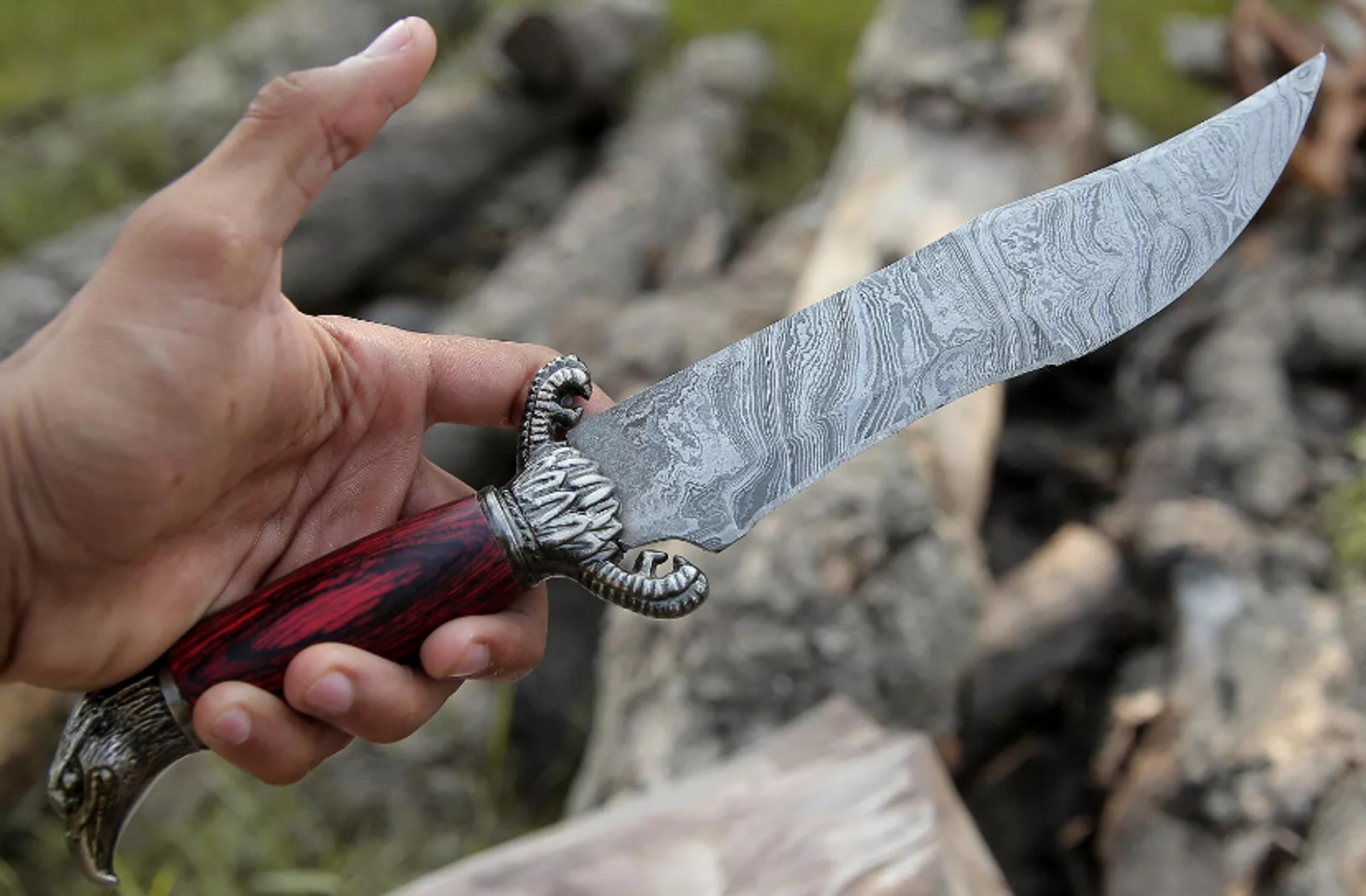 damascus hunting knife dragon design handmade knife christmas gift for him & sheath