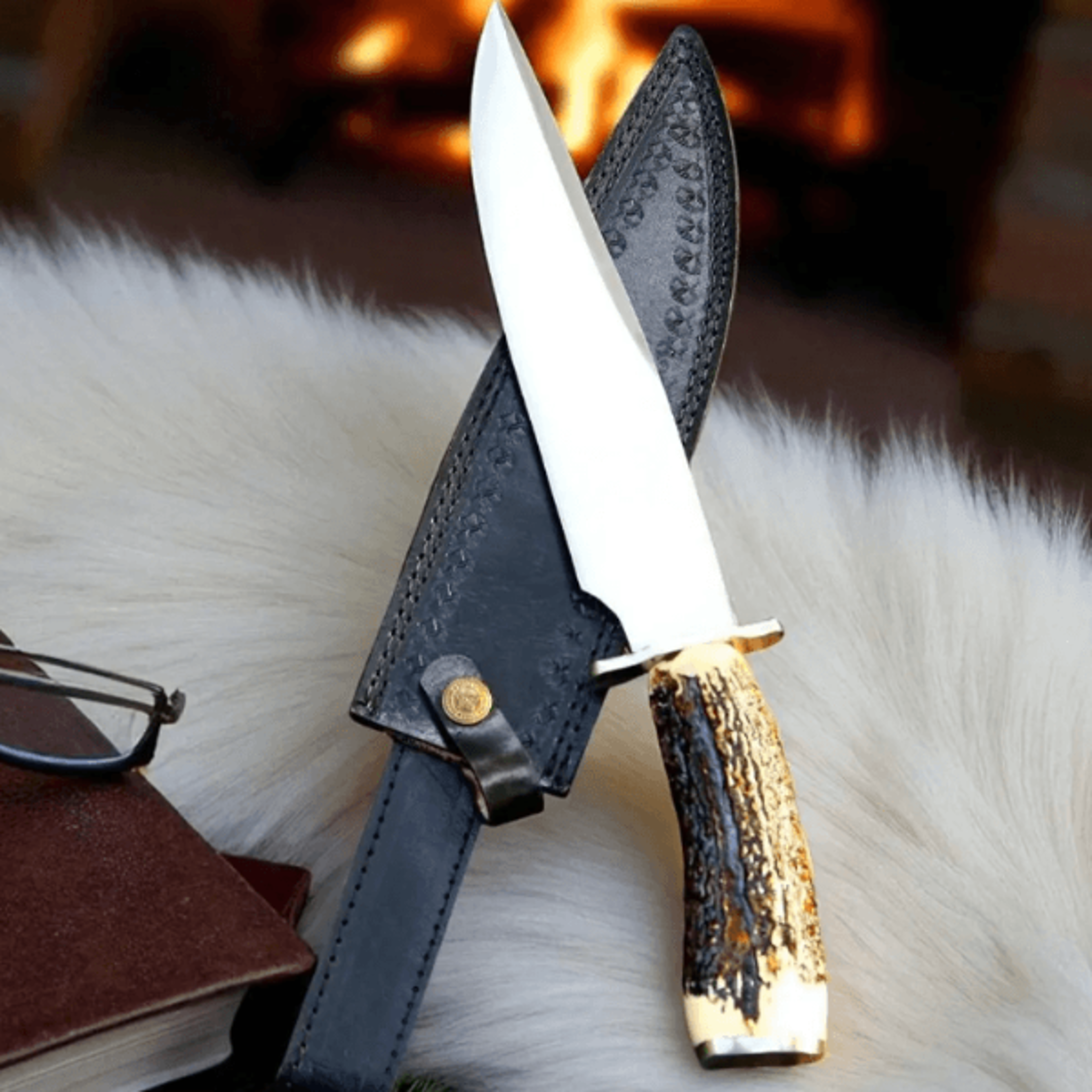 16" handmade d2 steel bowie knife | stag horn handle & brass guard | hunting knife with leather sheath