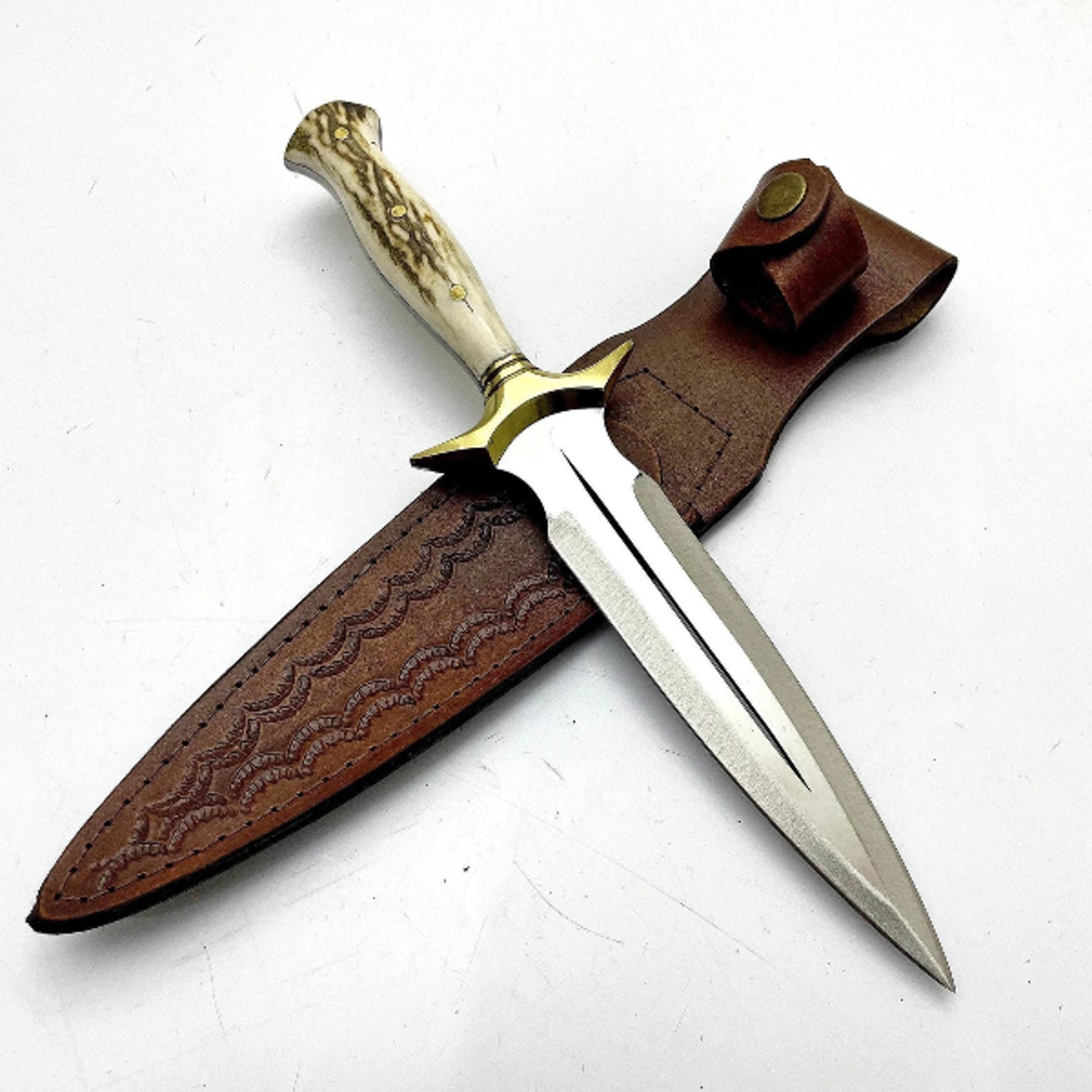 handmade stag antler handle dagger knife 4034 stainless steel with leather sheath