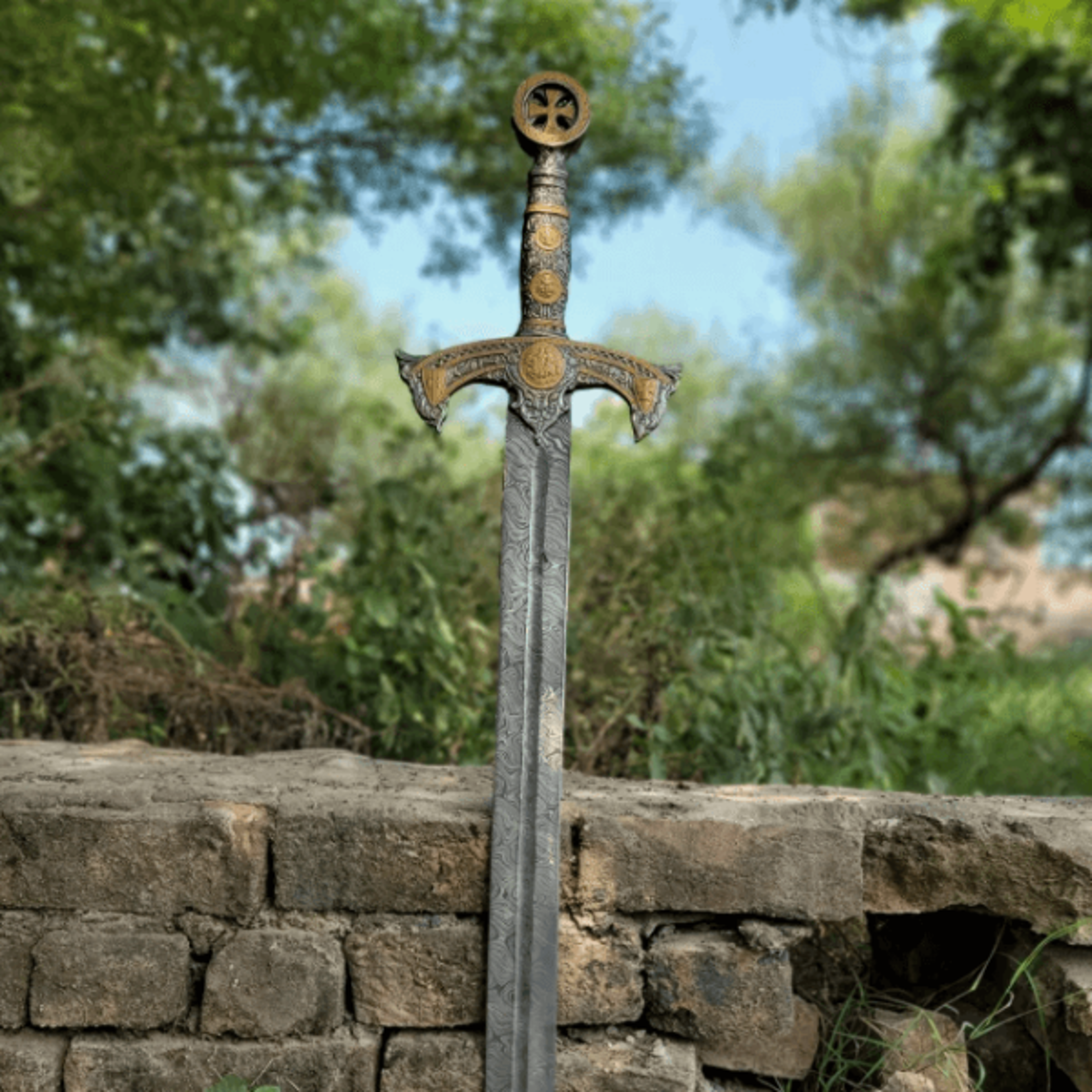 damascus steel templar knight sword - handmade collectible
