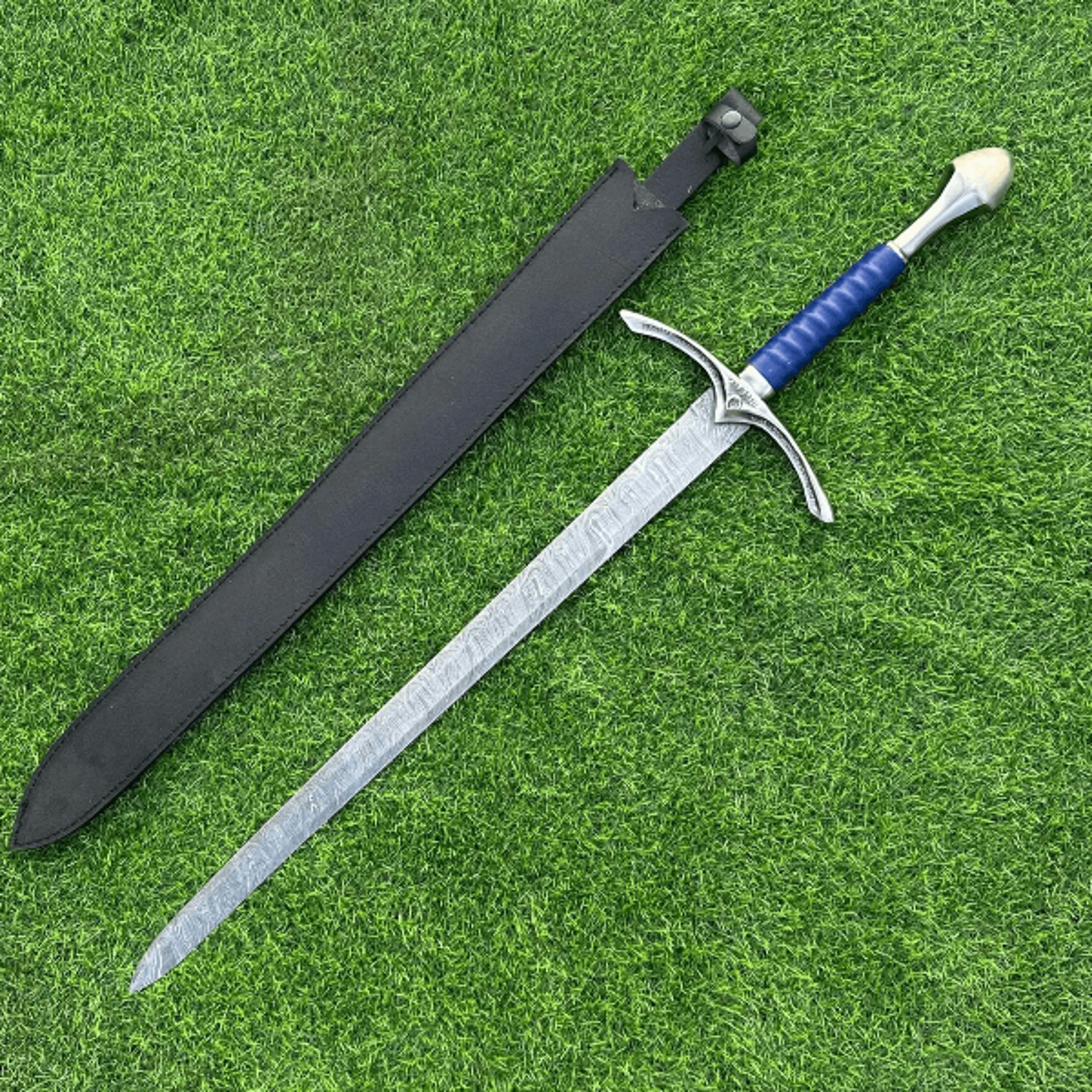 handmade damascus steel glamdring sword – 36" longsword, gandalf-inspired, leather sheath