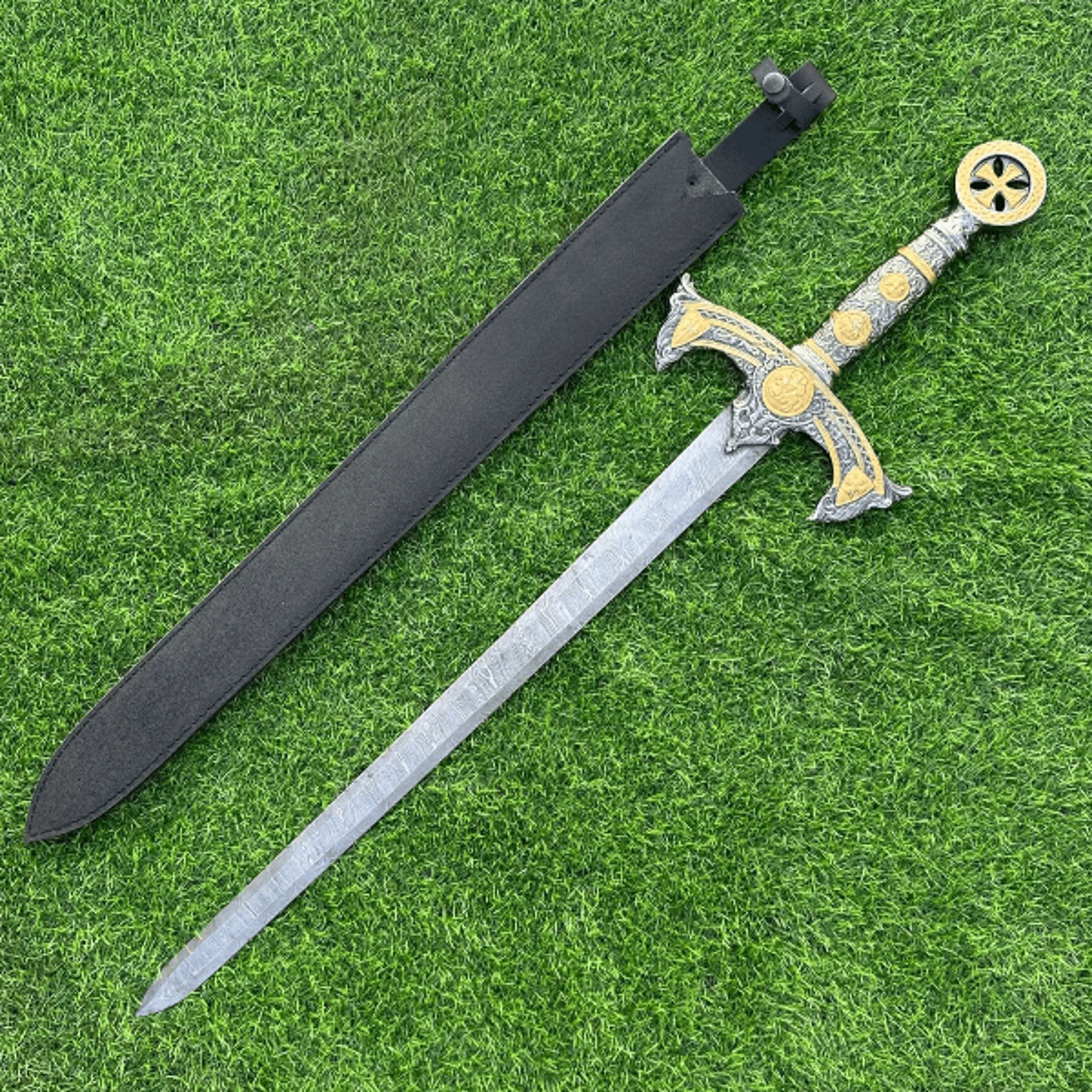 luxury viking sword – hand-forged damascus steel, 34-inch double-edge medieval cosplay sword