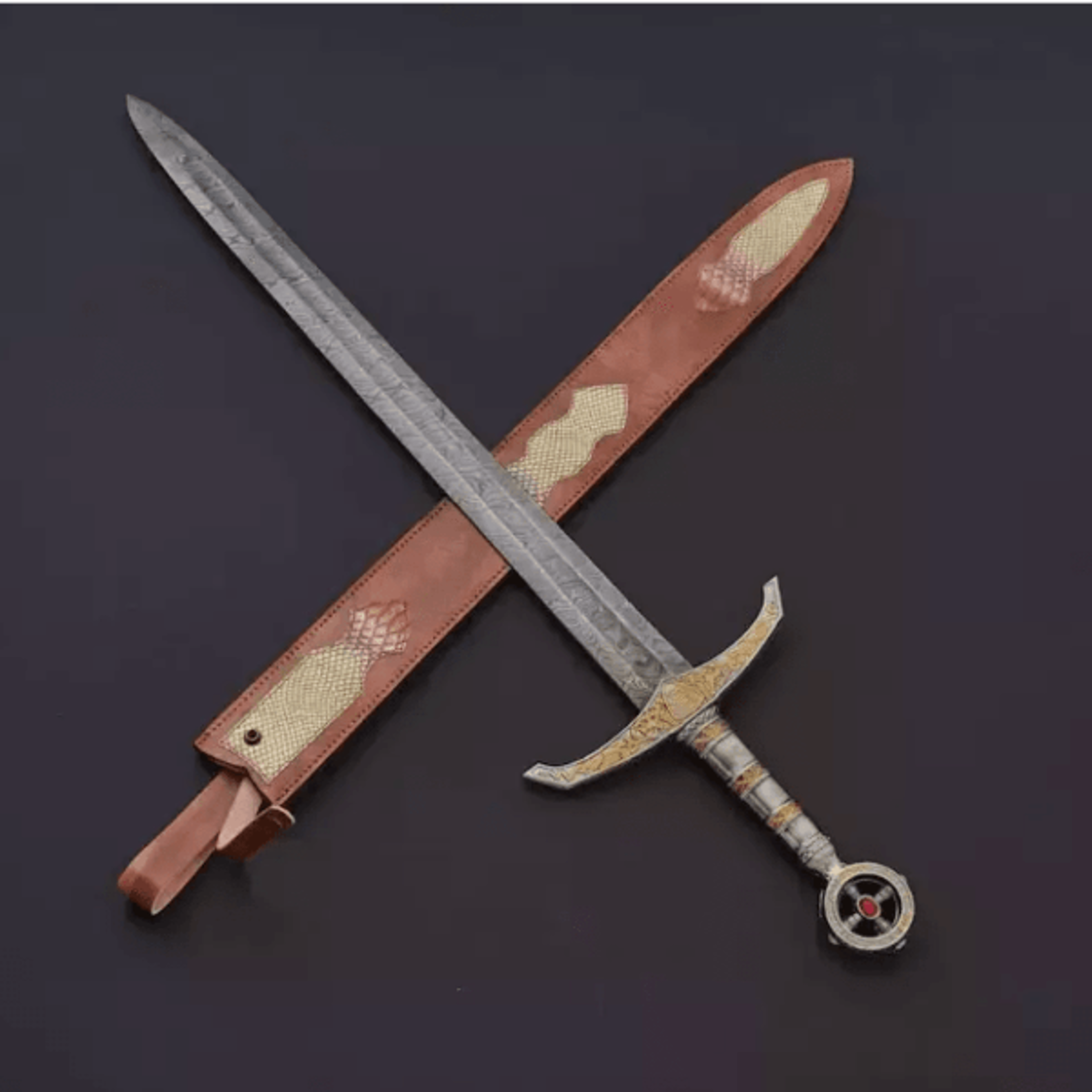 templar knight damascus steel sword - 38" double-edged blade with sheath