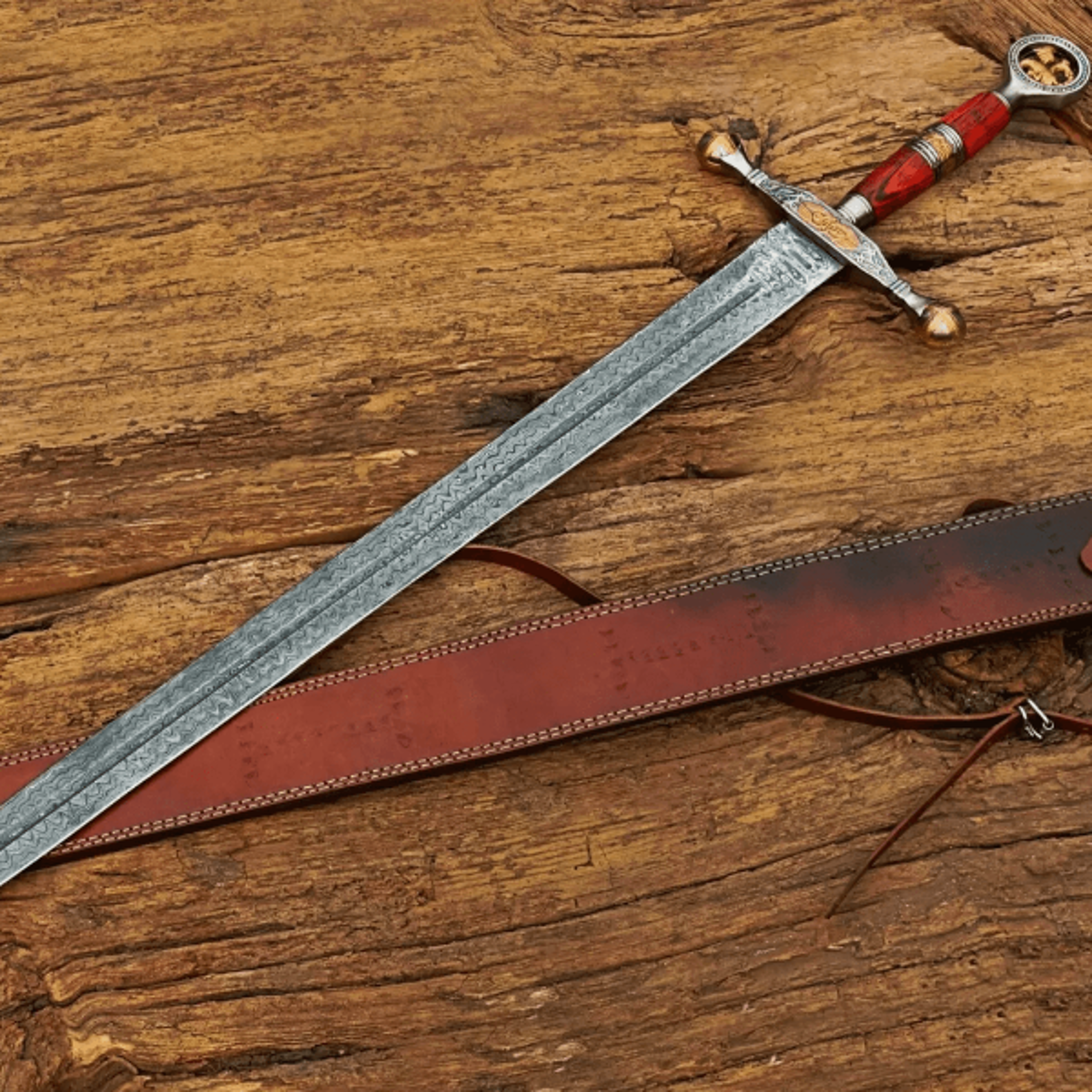 hand forged medieval templar knight sword with leather sheath