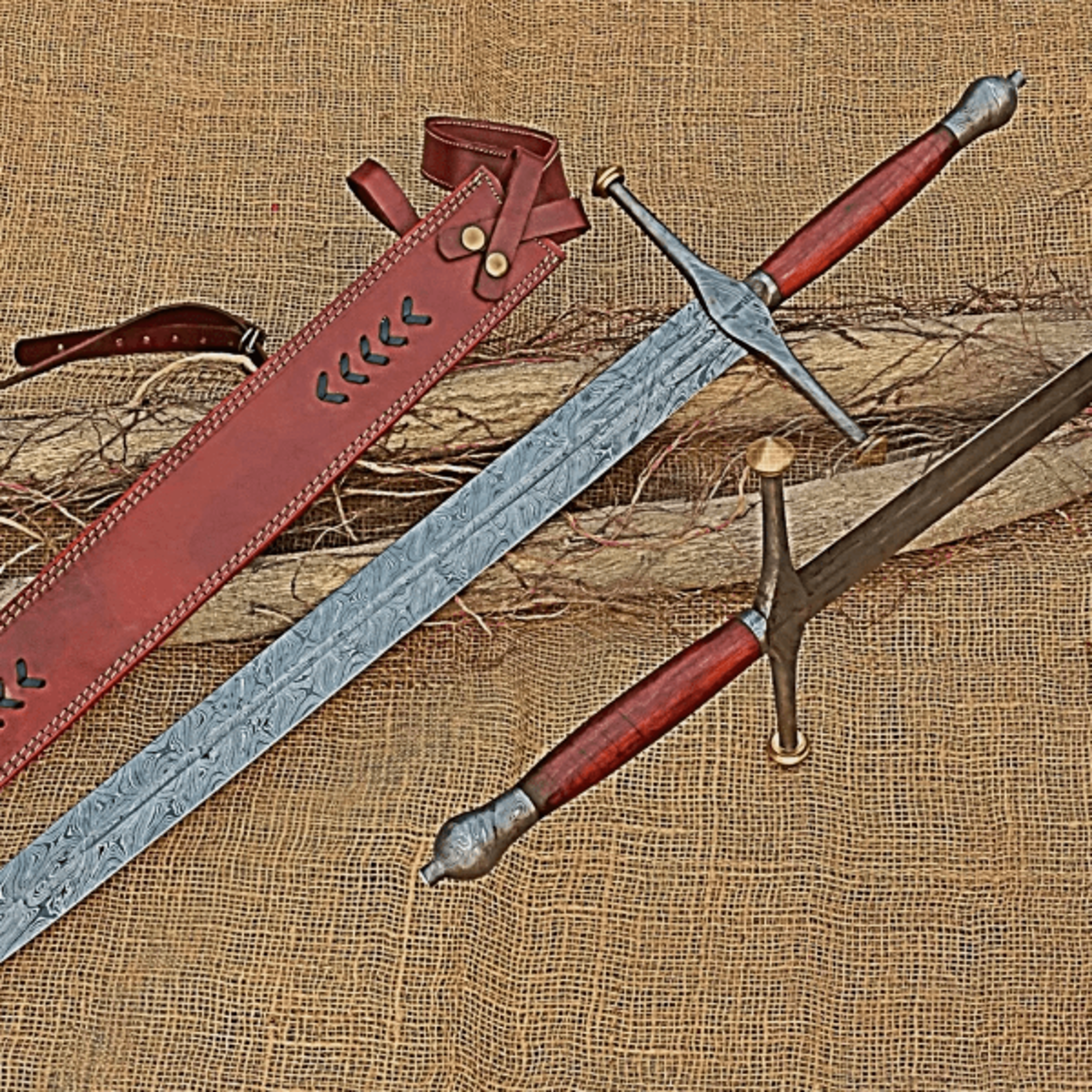 hand forged damascus steel eddard stark sword - leather sheath