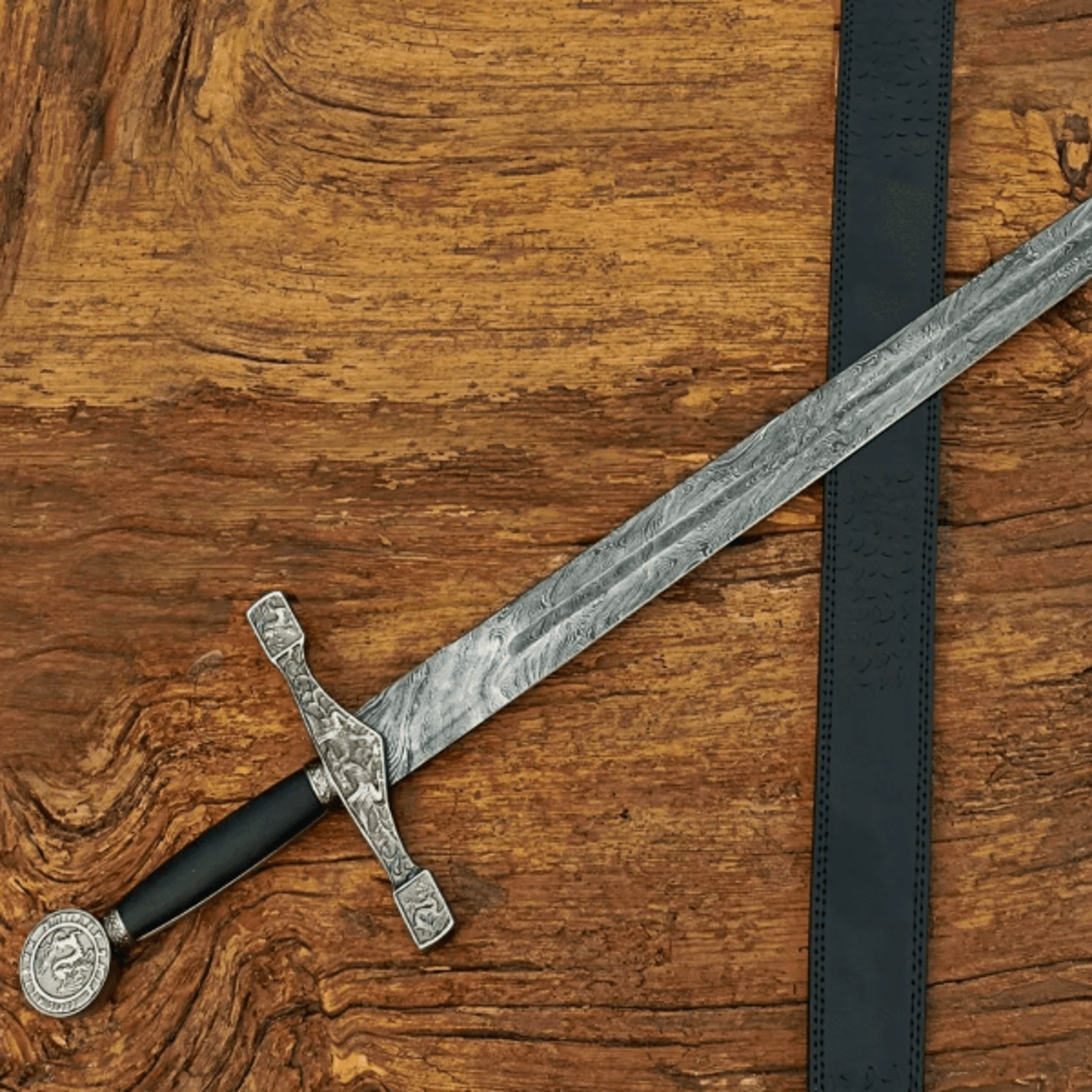damascus steel excalibur sword - king arthurs legacy with leather sheath
