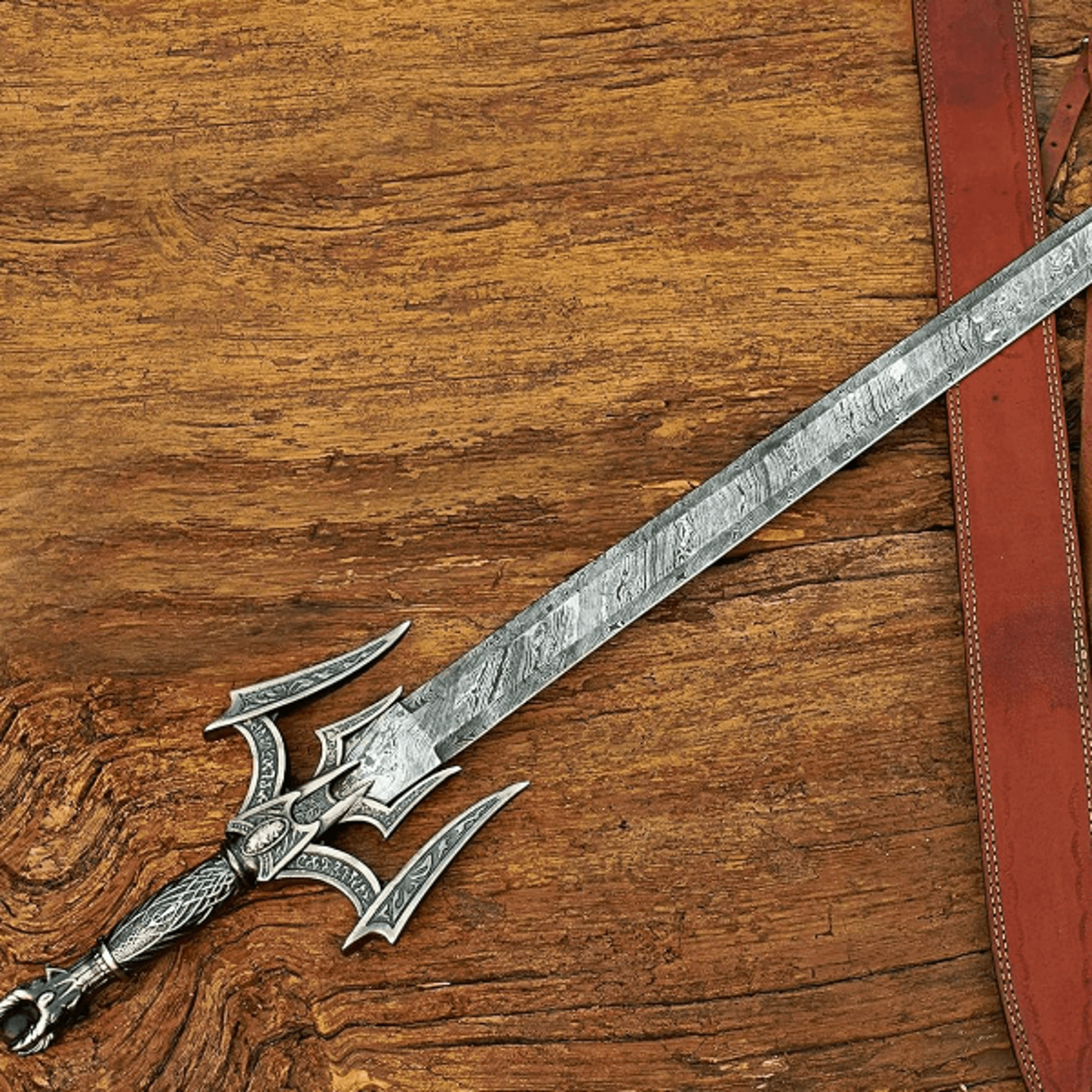 medieval barbarian damascus steel sword - hand forged double edge blade sword