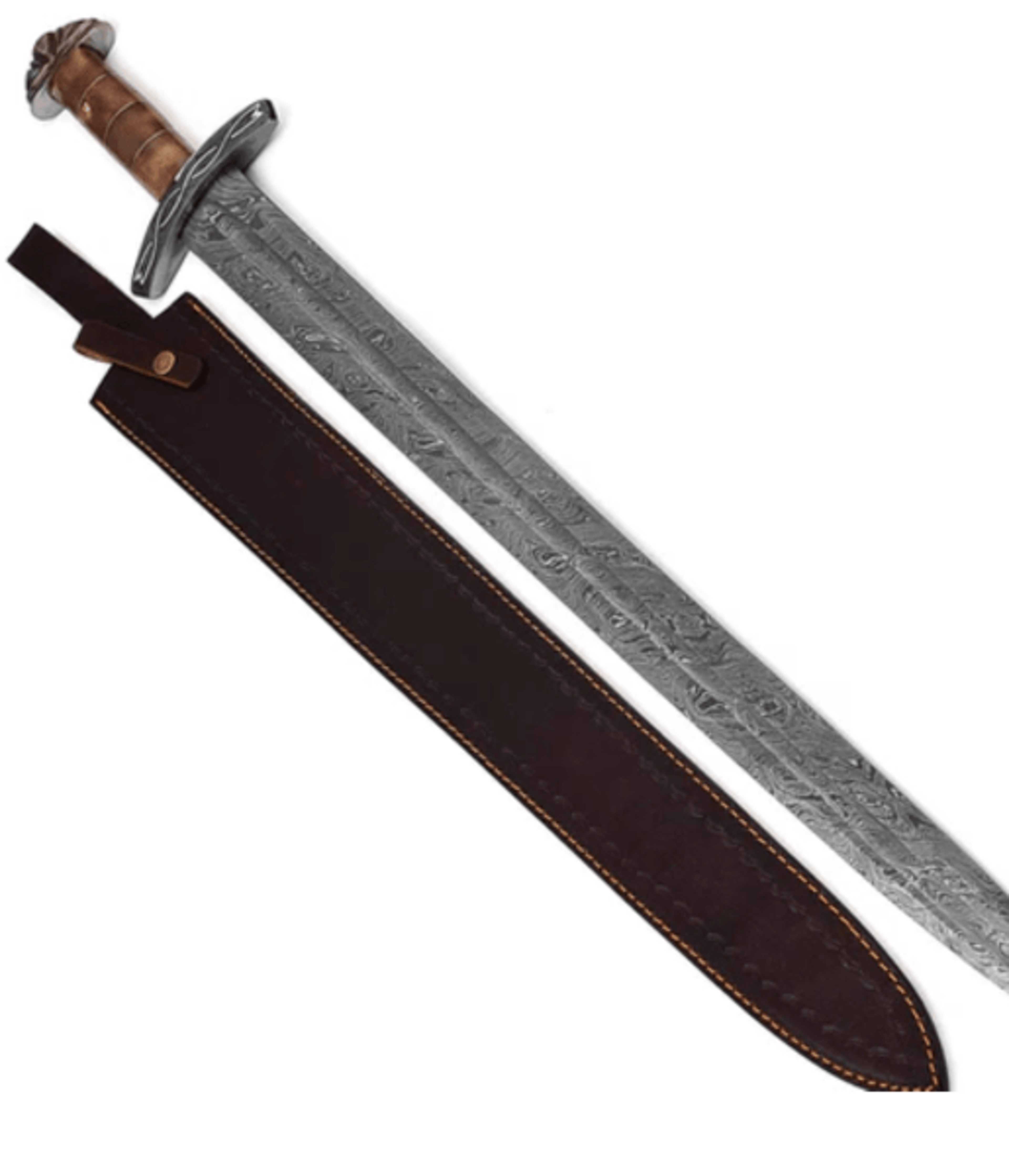 32-inch damascus steel viking sword - handcrafted beast of war with leather sheath