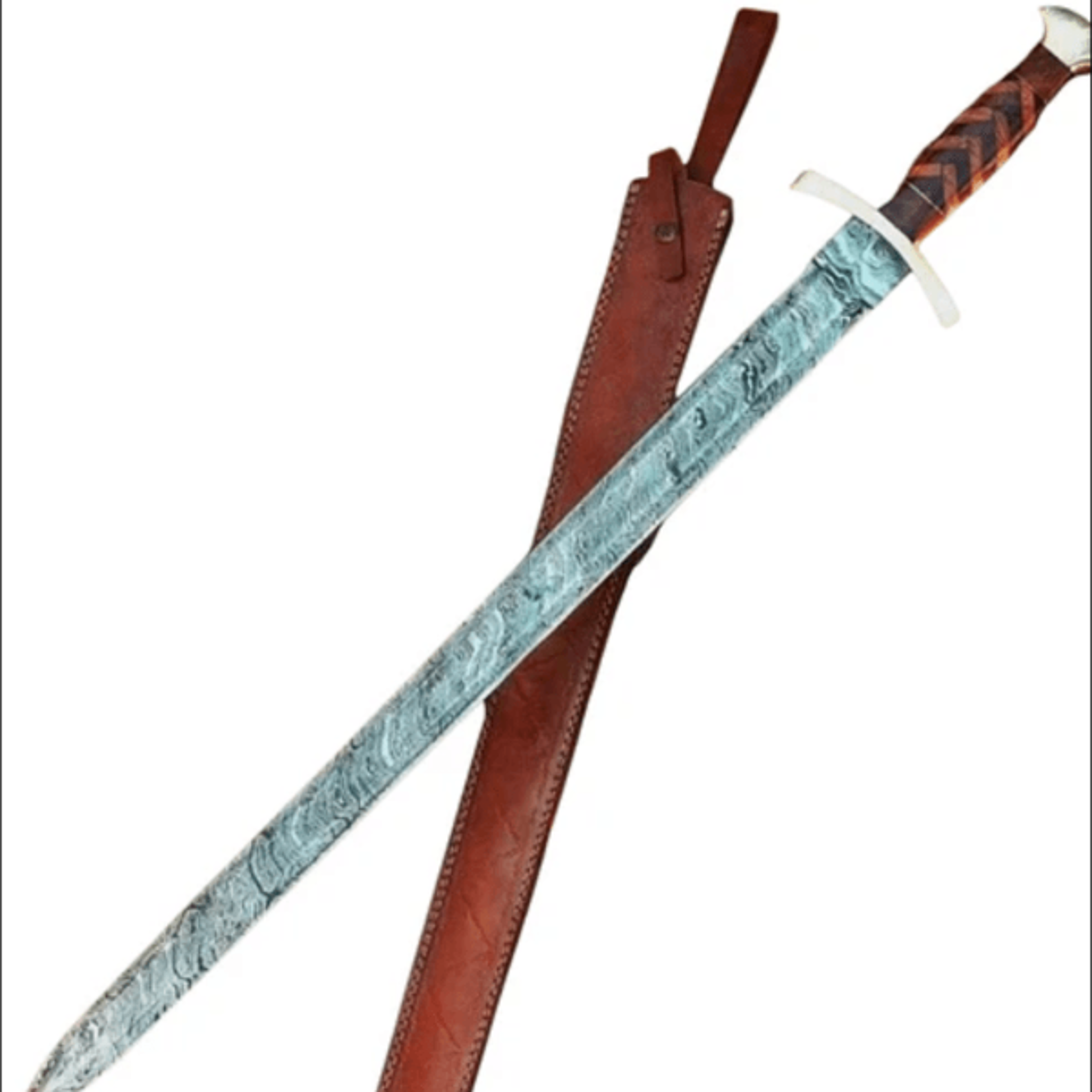 39 inches damascus steel viking sword with leather sheath