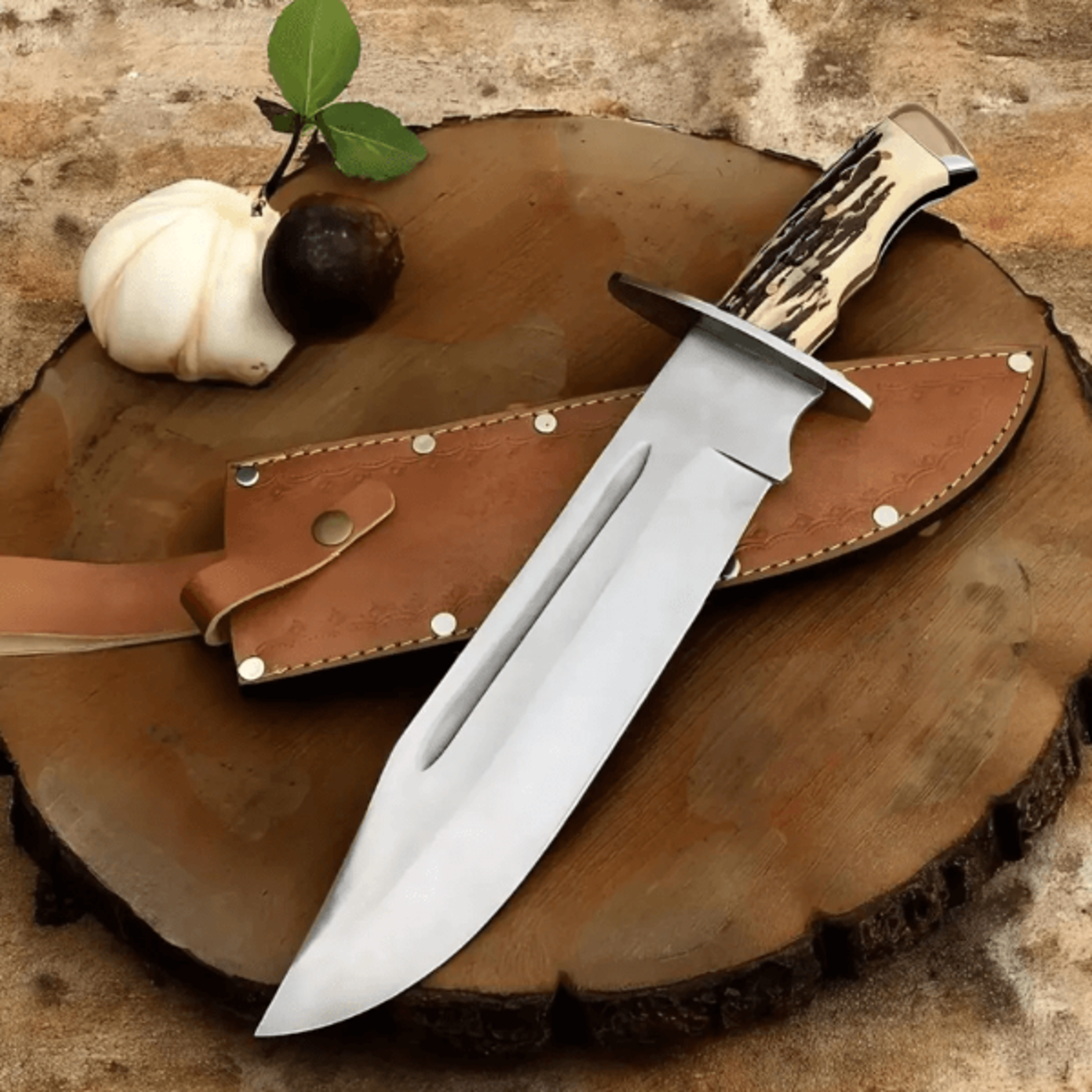 frontier-style d2 steel bowie knife | 15" stag horn handle hunting blade + leather sheath | handmade outdoor knife