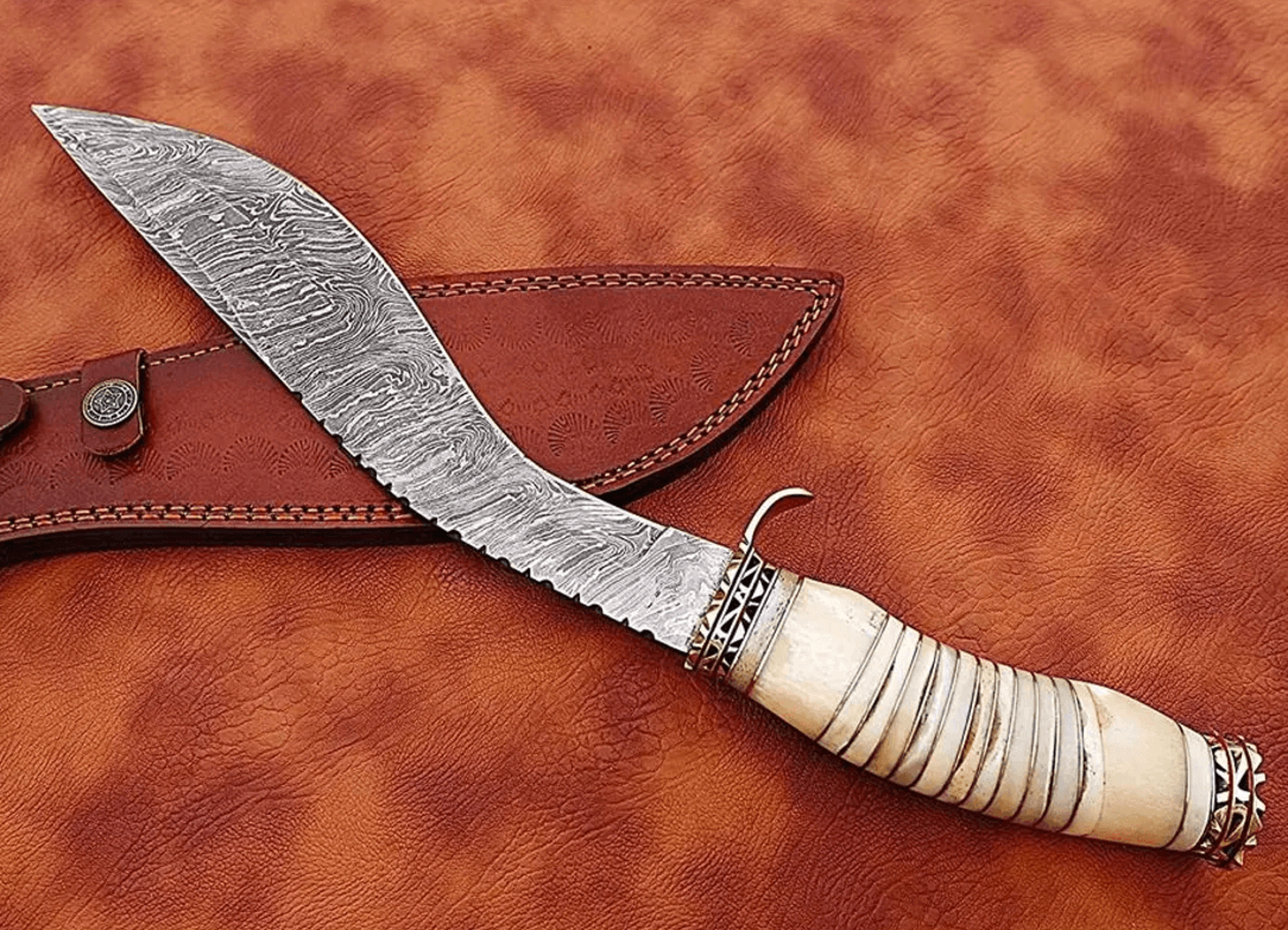 Damascus Steel Kukri Bowie Knife  Camel Bone Handle  15 Vintage Hunting Knife W Leather Sheath 2