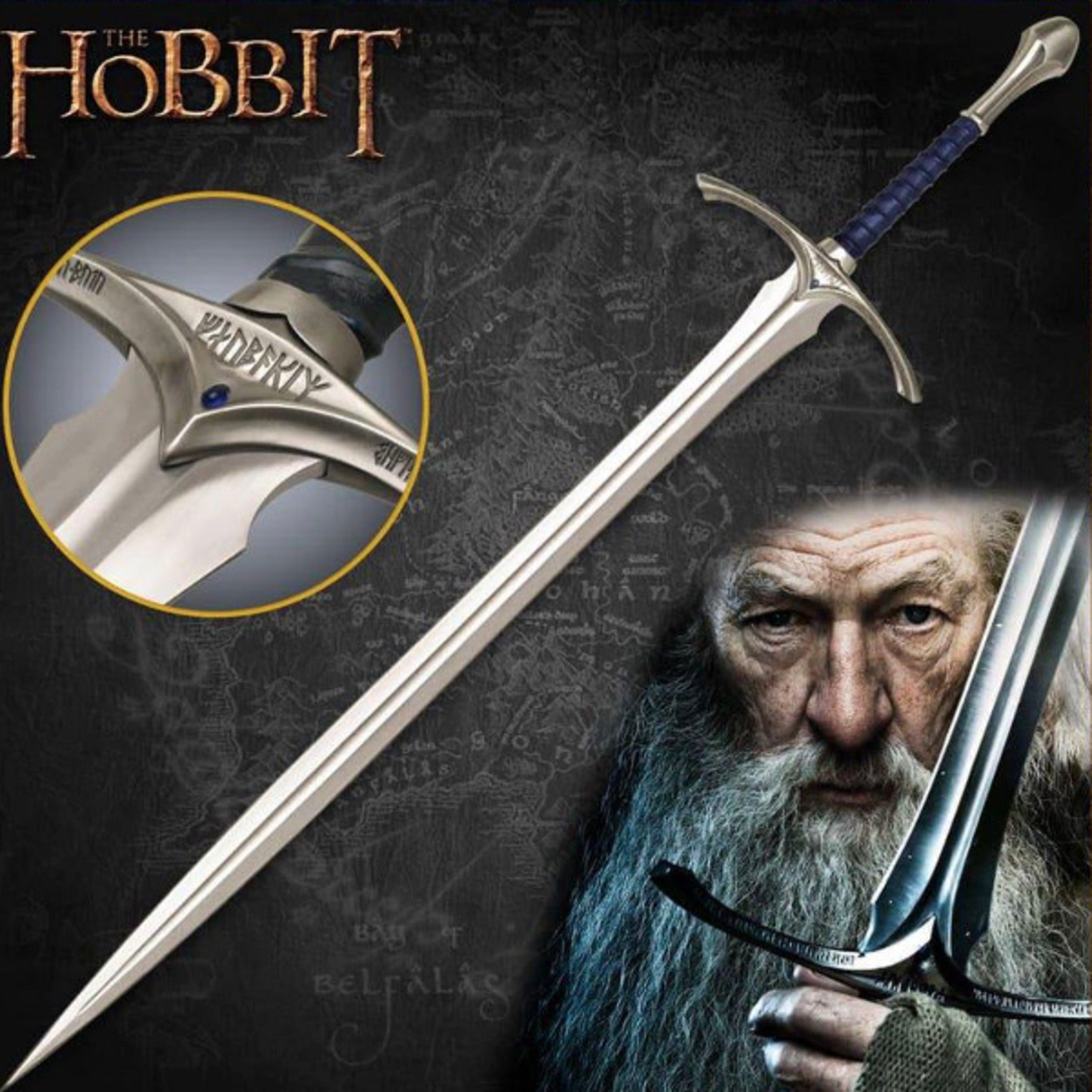 hand forged glamdring gandalf sword replica 44" fantasy display sword with blue leather grip & wall mount