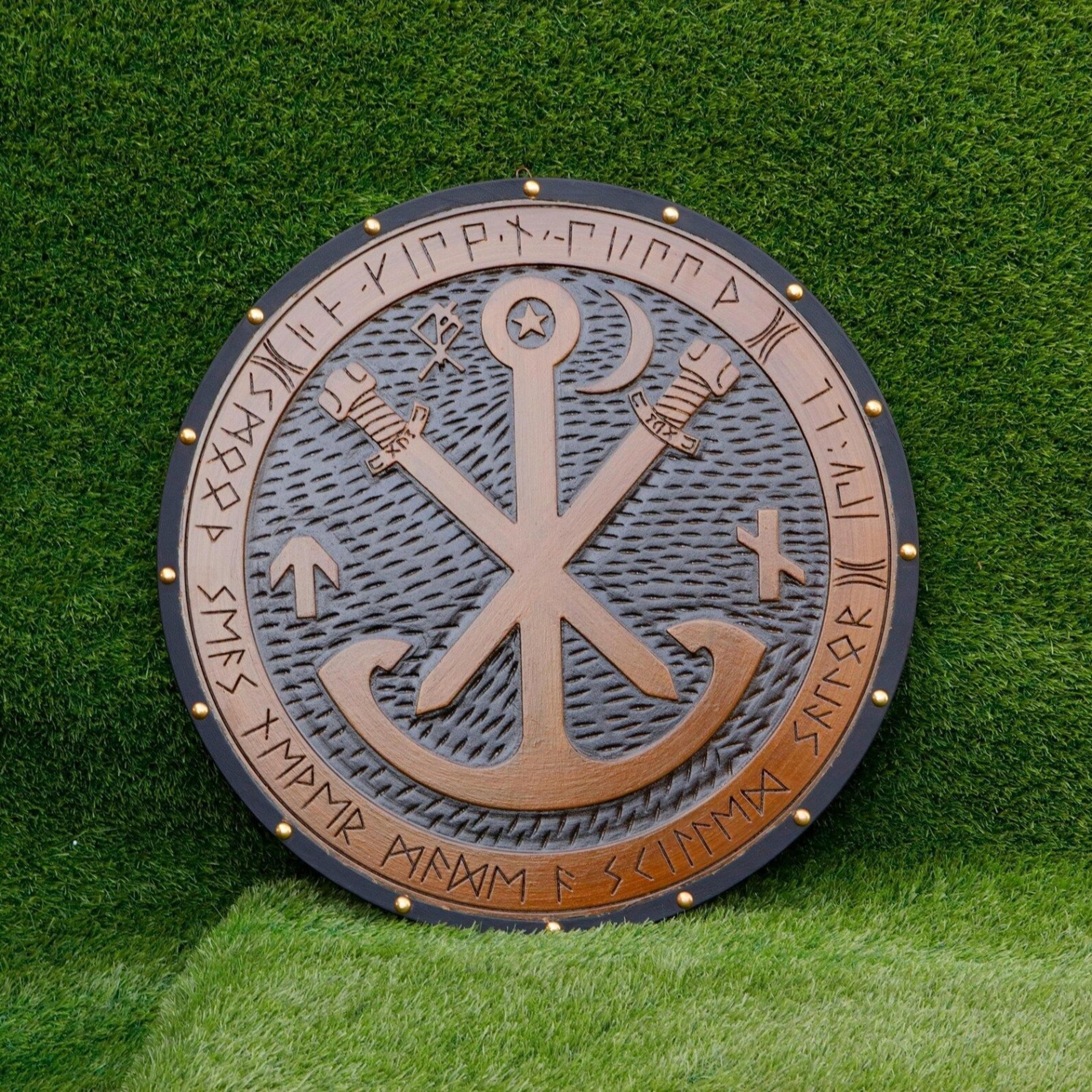handcrafted 24 inch viking anchor shield – handmade yellow pine norse rune wall decor, valhalla sailor gift
