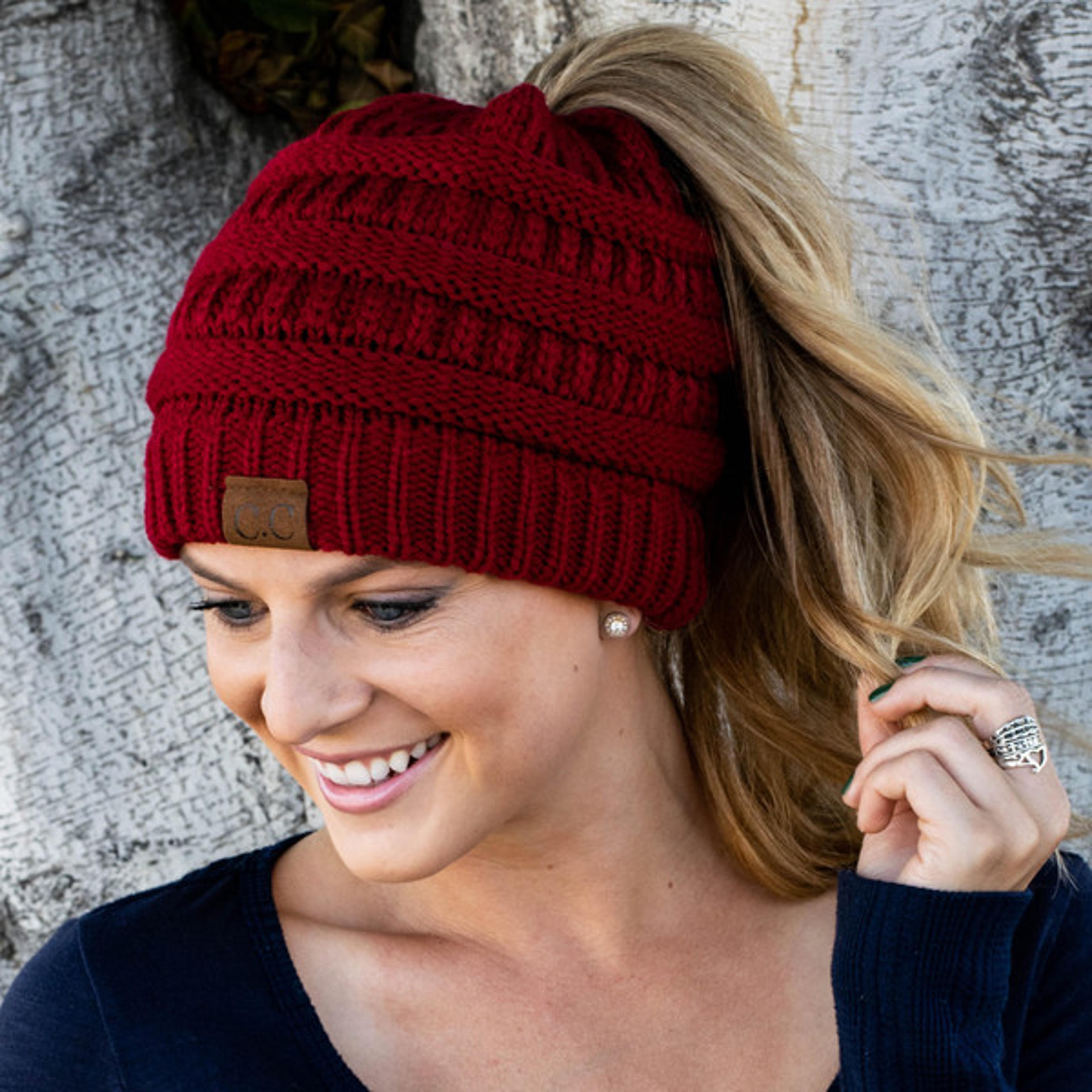Soft Knit Ponytail Beanie red