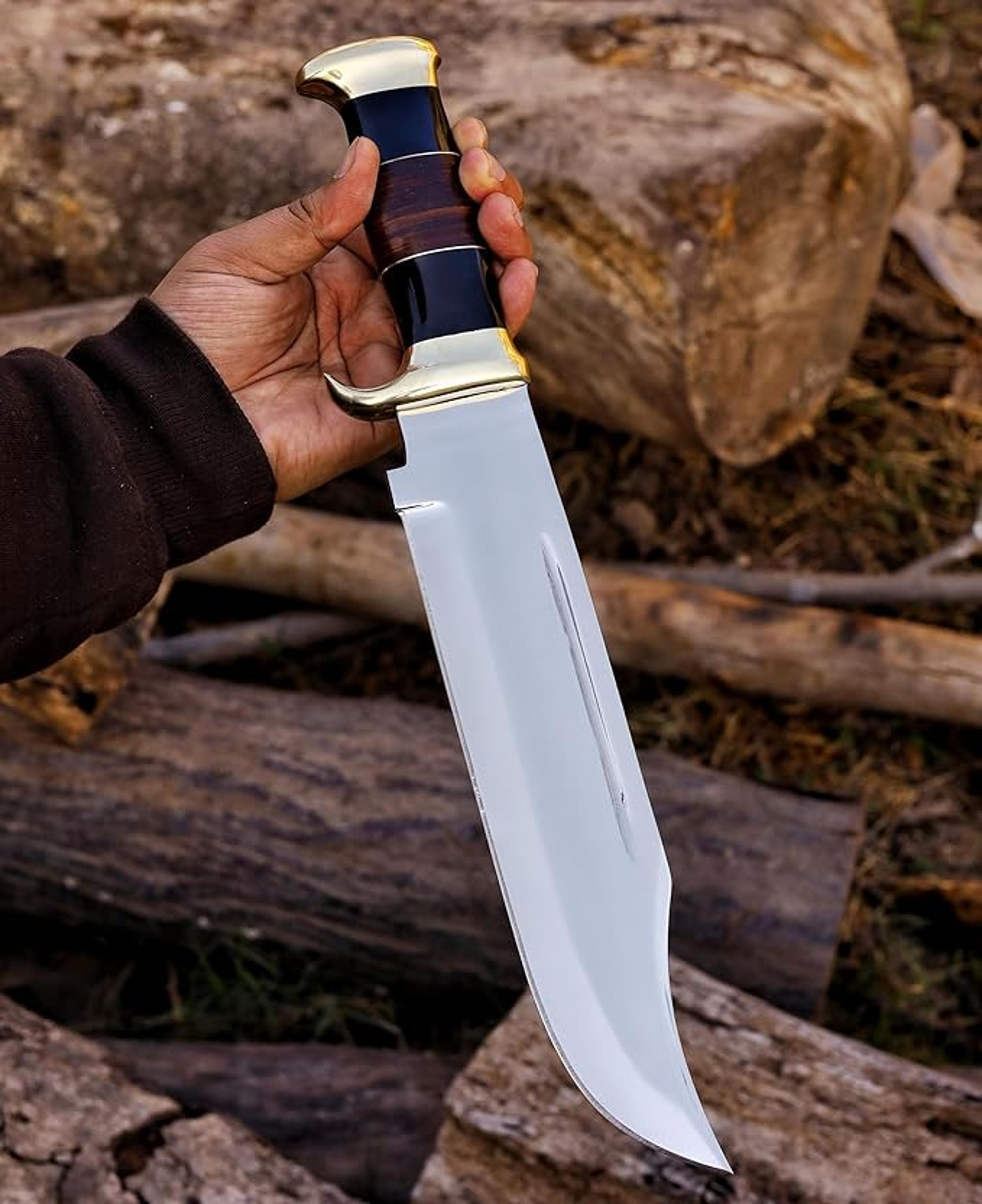 14-inch bowie knife, full tang fixed blade knife with horn handle, hunting knife with leather sheath for outdoor