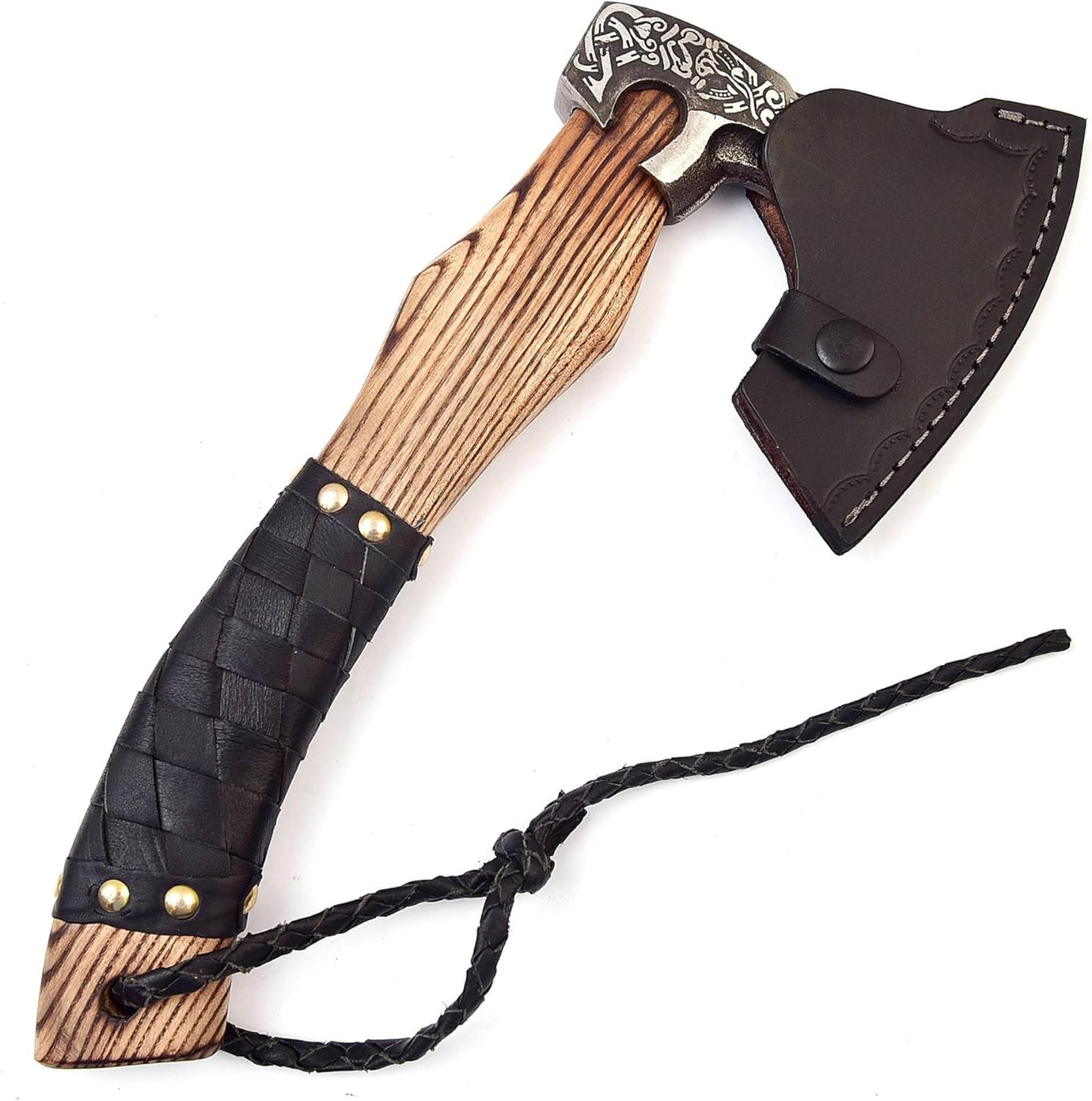 viking axe the ragnar lothbrok real, handmade custom crafted with leather sheath carbon steel camping hatchet
