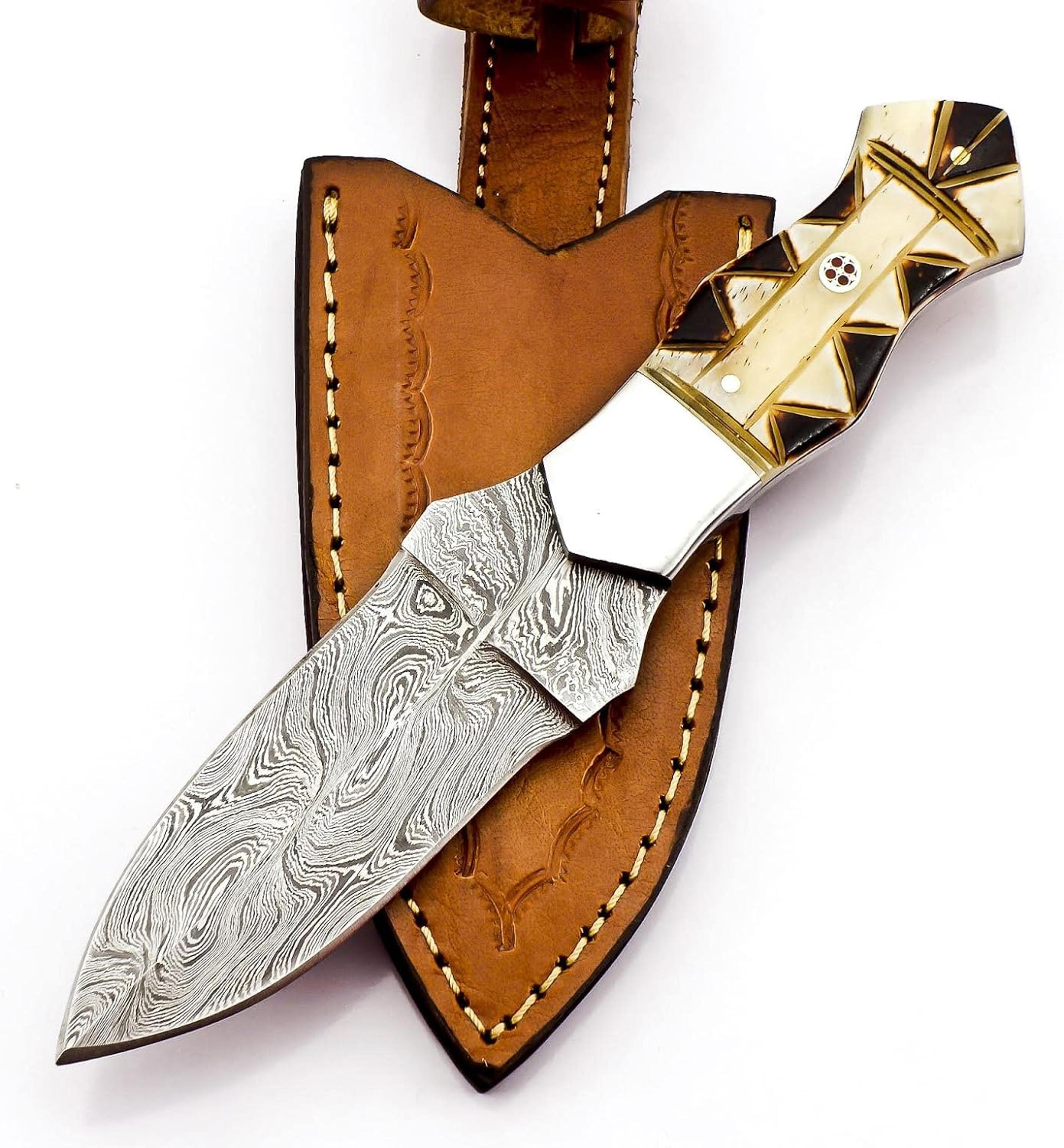 damascus handmade small skinning knife camel bone handle sharp edge blade camping hunter