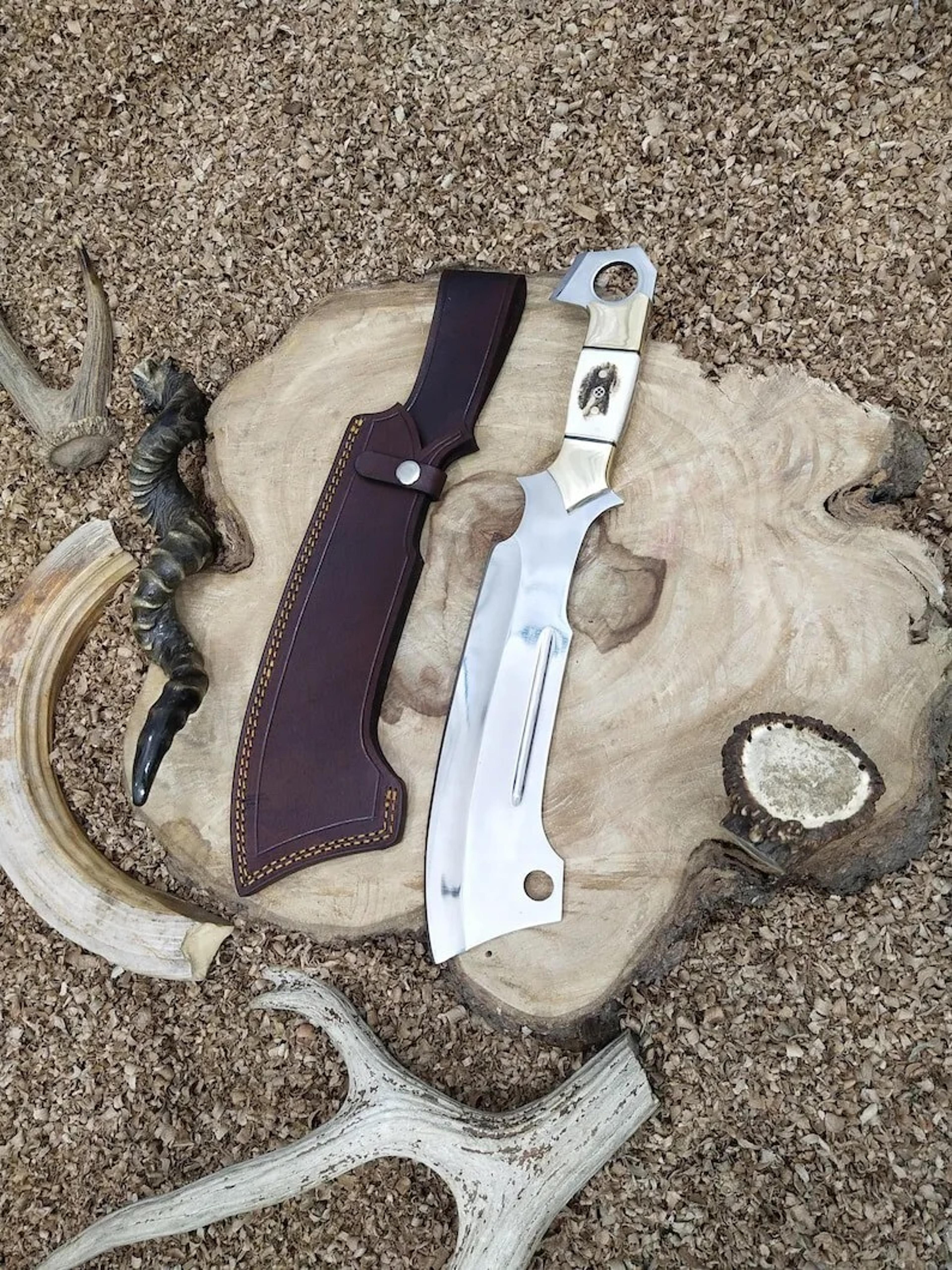 d2 14 inche bowie knife mirror polish full tang handle stag antler machete knife outdoor camping viking
