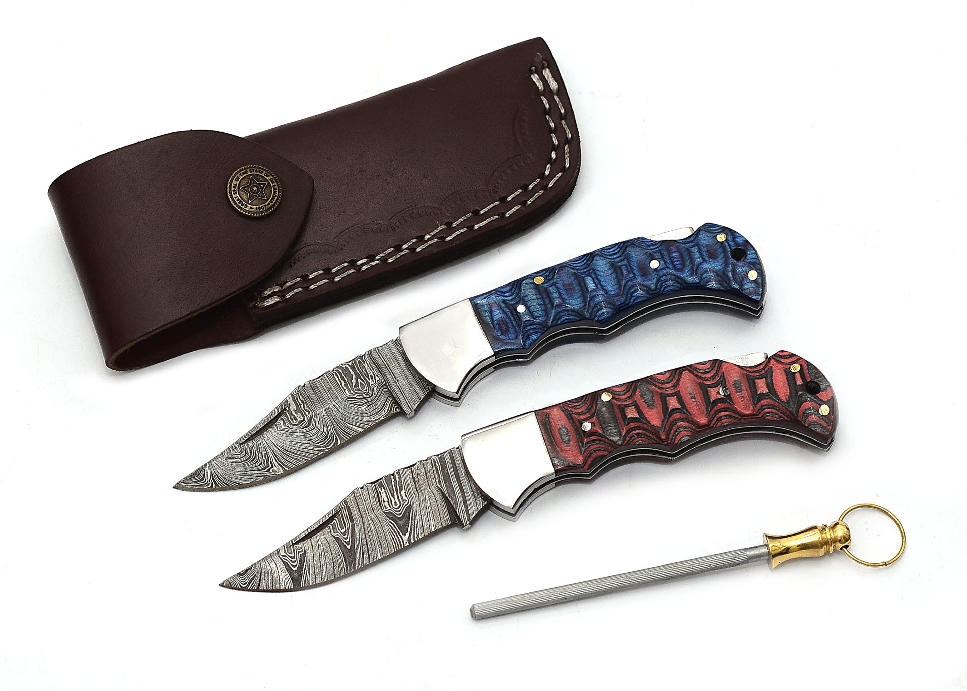 damascus pocket knife set for men 6.5 inch folding knife with back lock for camping and hiking with sheath